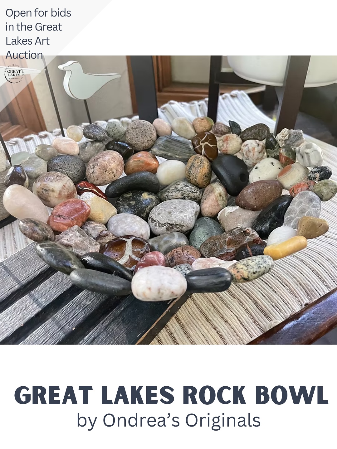 Featured artist Ondrea Brussee aka Ondrea’s Originals @0ndrea is an IT professional and every summer she sets out on a camping trip to explore new beaches, wandering the quiet shorelines and rocky stretches that change subtly with each visit. Rock hunting has become a form of meditation—searching for the perfect piece shaped by time, wind and water. Each smooth stone tells a story of transformation. Ondrea loves curating a bit of nature treasures to bring home. They remind her of balance, beauty and the grounding energy of nature.
Some words from Ondrea: “The Great Lakes are the heartbeat of my creativity. My work is about translating that feeling of calm, connection, and discovery into something that can be shared”
This Great Lakes Rock Bowl includes Petoskey stones, Septarian nodules, Unakite, Quartz, Omarolluk, Jasper and more and measures 9” x 3”.
Bid today on this beautiful piece of art at www.greatlakeslove.org/greatlakesart (link in bio)
Note: some of the pieces have been cropped to fit our social media dimensions. Check out the auction page to gain the full perspective.
#greatlakesart #localart #localartist #greatlakes #protectwhatyoulove #lakehuron #lakeontario #lakemichigan #lakeerie #lakesuperior #artistsofinstagram