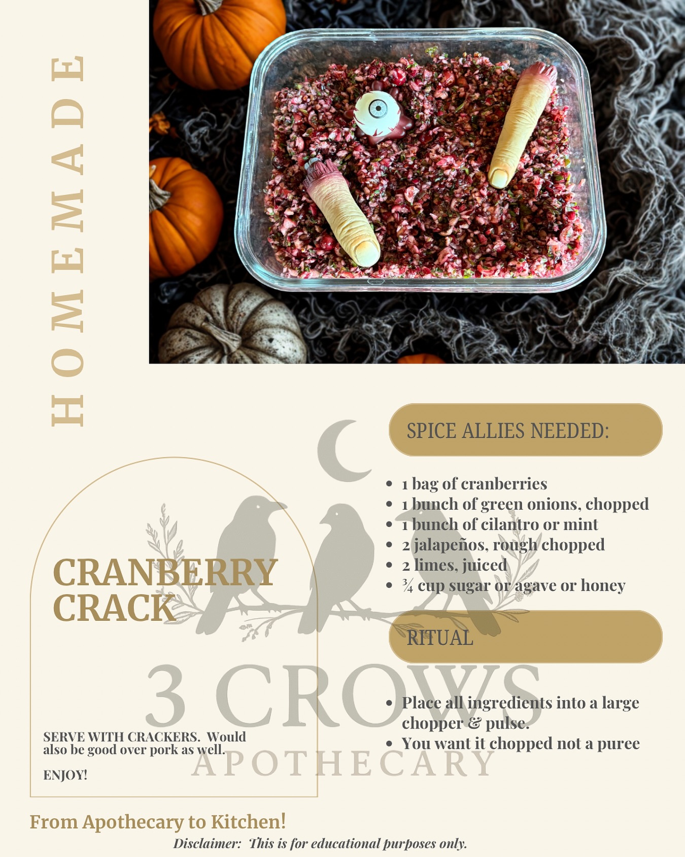 ✨🖤 Cranberry Crack: Spellbinding Party Dip 🖤✨
Calling all witches, gatherers, and lovers of mischief—this dip is your secret weapon for any Halloween or holiday spread! 🍂🎃❄️
Tart cranberries, zesty lime, fresh cilantro, and a kick of jalapeño swirl together with a touch of sweetness, creating a flavor that’s bold, magical, and a little irresistible… just like the crows who guide us to hidden treasures.
Serve it at your next festive gathering and watch it vanish faster than a crow in the night. 🌿✨
#tastethemagic #culinarywitchery #magicaleats #halloweenbites #holidayalchemy #cranberrycrack #3crowsmagic