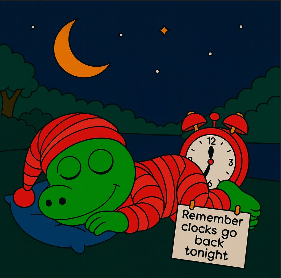 Sweet dreams, sleepy Croc 🌙💤 Don’t forget, the clocks go back tonight! ⏰✨ One extra hour of snoozing under the moon.
#BristolCrocodile #BedtimeStory #ClocksGoBack #DaylightSavings #SleepyCroc #ChildrenIllustration #KidsBooks #PictureBookArt #BristolArt #IllustrationForKids #CrocodileAdventures #AutumnNights #StorytimeMagic