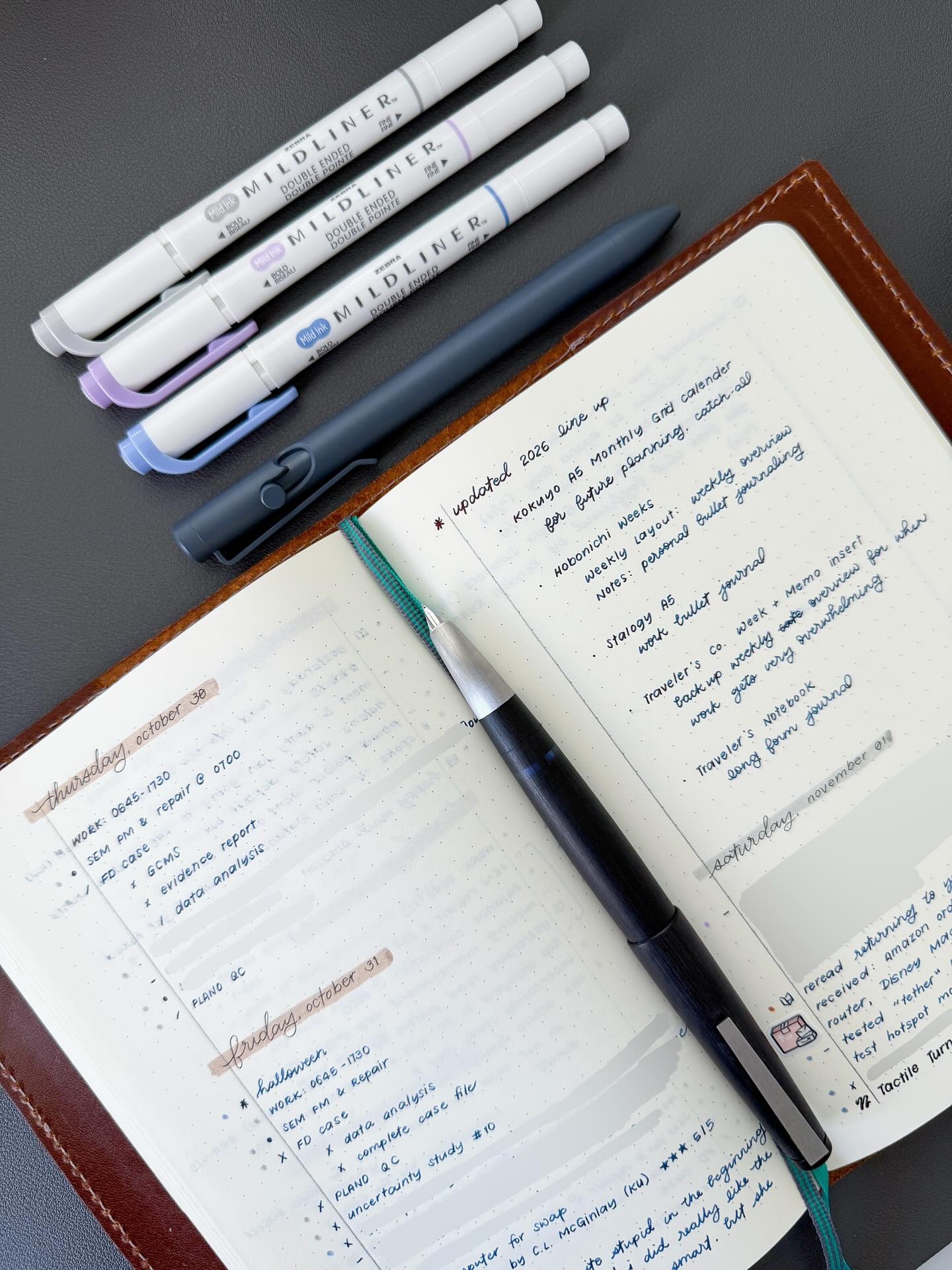 How is it already November? 🤯
I only have enough pages left in my bullet journal for about a month, which means I have to finalize my 2026 lineup soon. I’ve pretty much decided to shake things up by having separate work and personal bullet journals. It’ll be interesting to see if I can stick with separate books next year.
Do you have separate planners or bullet journals for different aspects of your life?
Photographed:
@leuchtturm1917usa B6+ Dot Grid Notebook
@lamypens 2000 <EF> with Waterman Mysterious Blue
@tactileturn Slate Tonal Bolt Action Pen
@zebrapen_usa Mildliners