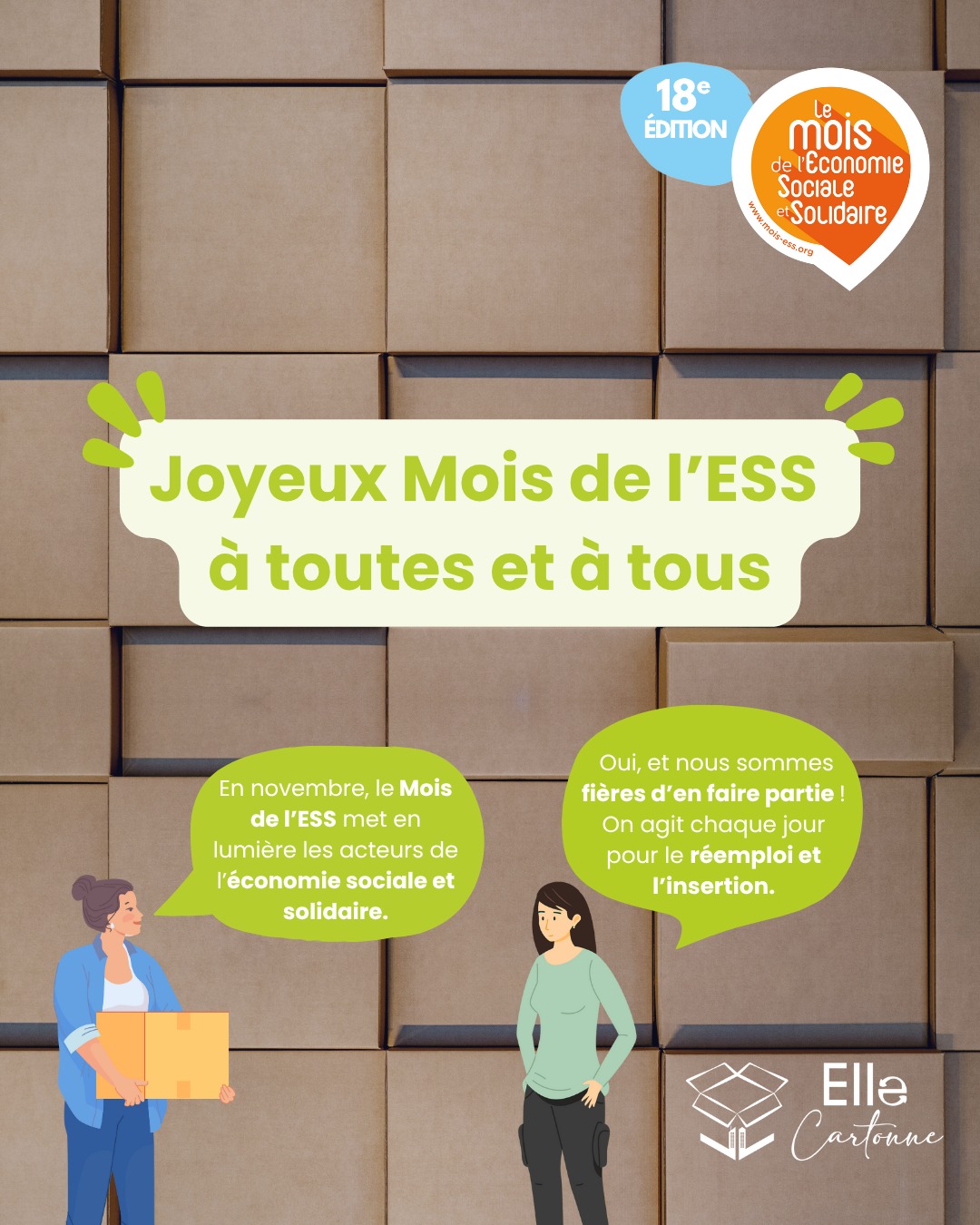 Ce mois-ci, célébrons le Mois de l'ESS !
Le Mois de l’ESS est l’occasion de mettre en lumière les acteurs qui font vivre une économie plus #humaine, #durable et #solidaire. Chez Elle Cartonne, nous sommes fières de soutenir cette dynamique et de promouvoir des initiatives qui font réellement la différence.
💡 Nos actions en faveur de l’#ESS :
🔹 Lutter contre le gaspillage et viser la réduction des déchets.
🔹 Sensibiliser les acteurs du territoire à leur impact environnemental.
🔹 Accompagner les femmes en situation de précarité vers le retour à l’emploi.
Voici nos 3 coups de cœur à cette occasion sur Lyon et la métropole :
👉 La Grande Collecte Solidaire des Jouets – organisée par @ecomaison_
👉 Coudre des protections hygiéniques pour Règles Elémentaires - un atelier organisé par La @ressourceriecreativelyon
👉 Nuit de la Finance Solidaire : des blagues… et des solutions ! – organisée par CIGALES AURA
…et bien d’autres initiatives à découvrir et soutenir !
🤝 Ensemble, continuons de promouvoir une économie qui place l’humain et la solidarité au cœur de ses actions.
#MoisESS25 #réemploi #insertion #solidarité
