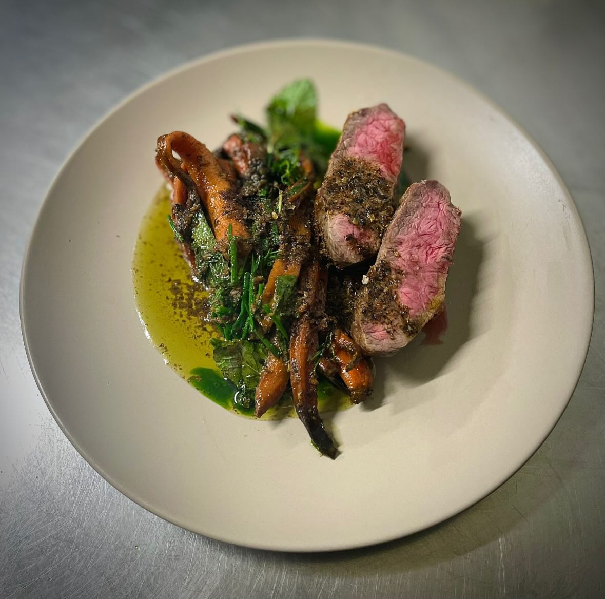 Flat iron, chicken skin & anchovy butter, roast carrots