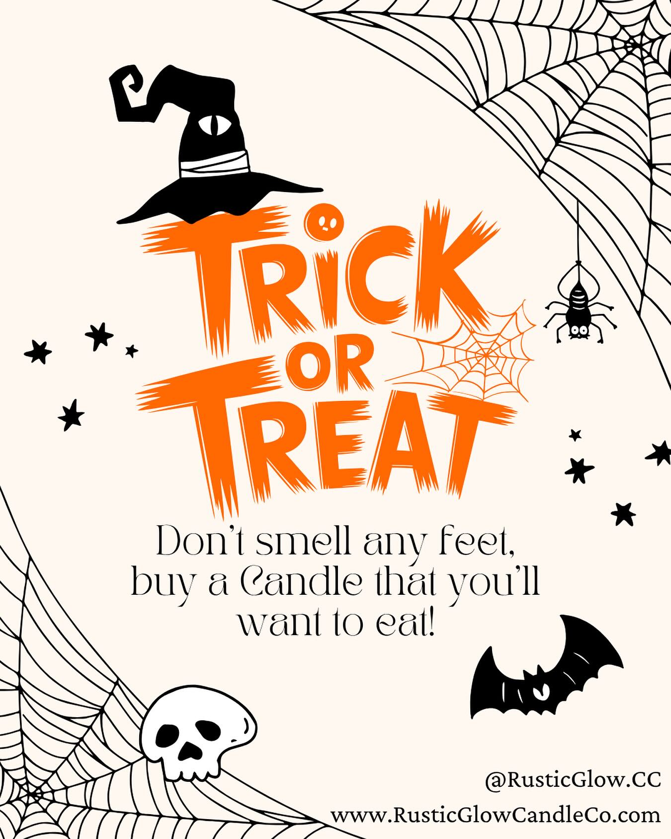 🕯️🎃 Happy Halloween from Rustic Glow! 🎃🕯️
Wishing you a night full of treats, fun, and just the right amount of spooky! 👻
Stay safe, enjoy the festivities — and don’t forget to grab your favorite Rustic Glow candles so you don’t have to smell all those kids’ stinky feet walking through the door! 😂🦇
✨ Trick or treat your nose — it deserves something sweet! ✨
#RusticGlow #HappyHalloween #SpookySeason #CandleLovers #SmellGoodNotFeet