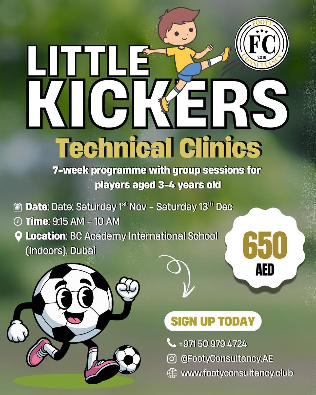 🌟 Start your child’s football journey the fun way!
Our Little Kickers Technical Clinics help 3–4 year olds build confidence, coordination, and love for the game — all while having a blast ⚽💛
🗓️ Every Saturday | Nov 1st – Dec 13th
📍 BC Academy International School
Sign up now!
#FootyConsultancy #DubaiKidsFootball #LittleKickers #uaefootball