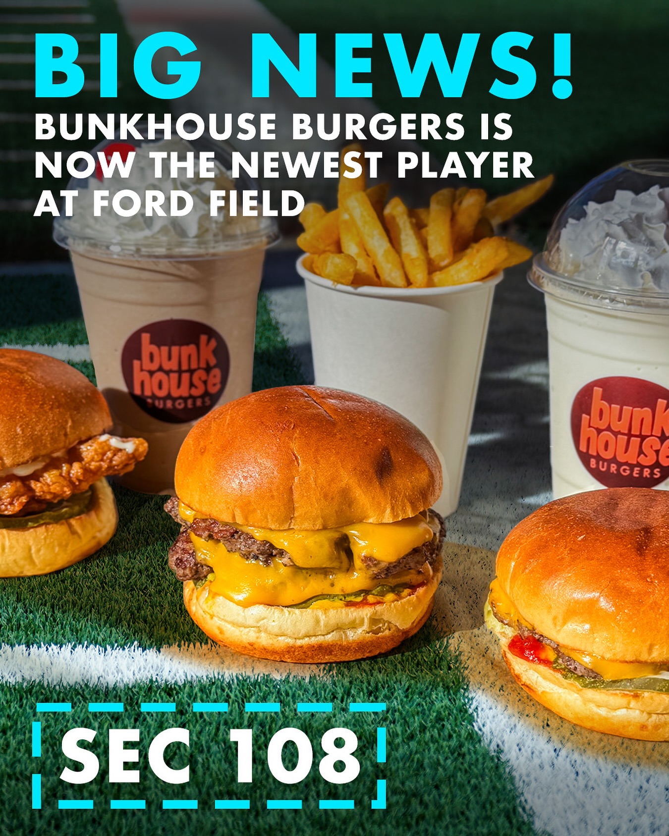 Bunkhouse Burgers hits the big leagues. Now slingin’ at @fordfield. 🍔🏈 Find us at Section 108!