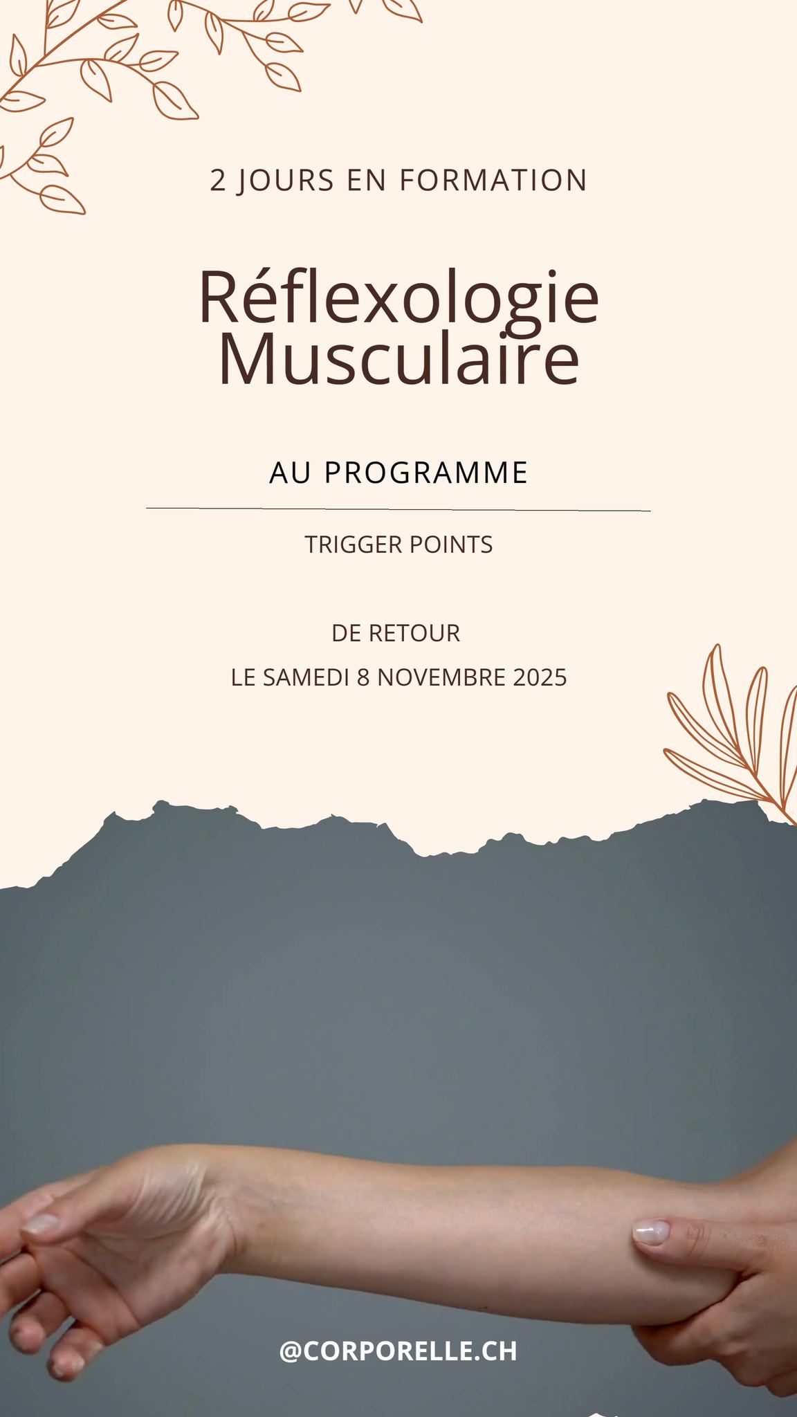 ✨ Formation continue – Trigger Points ✨
Cette formation me permettra d’acquérir les outils nécessaires pour traiter les nœuds musculaires appelés Trigger Points.
Semblables à de petites boules, ces points provoquent souvent une faiblesse et/ou une raideur musculaire.
Fait surprenant : leurs répercussions peuvent parfois se manifester dans une autre région du corps. Ce phénomène de « tir à distance » est connu sous le nom de syndrome myofascial douloureux.
Tel un cercle vicieux, les Trigger Points compriment les vaisseaux sanguins, ce qui accentue les contractures musculaires — contractures qui, à leur tour, finissent par s’installer durablement.
La réflexologie ne remplace pas les traitements médicaux, mais elle peut offrir un moment de détente, de réconfort et de mieux-être dans un quotidien souvent bouleversé. 🌿
🙏 Je suis heureuse de pouvoir enrichir ma pratique et de continuer à évoluer, afin de répondre au plus près aux besoins des personnes que j’accompagne.
📍 Cabinet Corporelle.ch – Brigitte Borloz – Hameau de la Gare - Les Diablerets
🌐 Réservation en ligne : www.corporelle.ch/reservations
📱 Pour me joindre : +41 77 481 02 85 ou email : info@corporelle.ch
Thérapeute agréée ASCA et RME (selon les soins)
@arcad_lesdiablerets
@diablerets
@therapeutes.ch