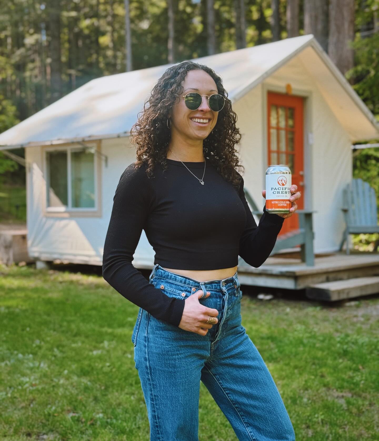 The ultimate afternoon pick me up (@pacificcrestcoffee canned nitro cold brew) meets the ultimate @hipcamp (@heartwood_mendocino) 🤝