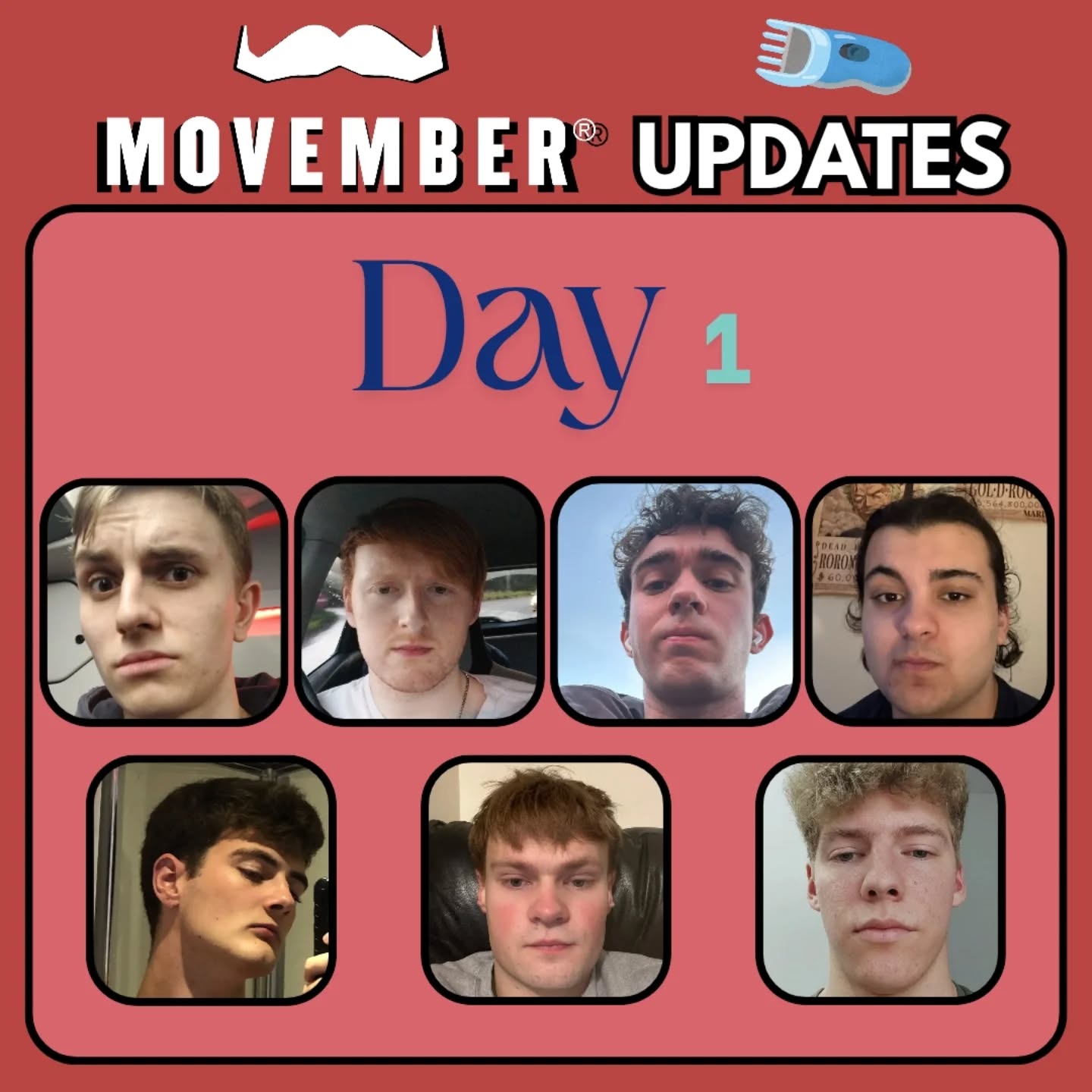 🥸 MOVEMBER UPDATES 🥸
Here is the Day 1 photo of all of our members who are taking part in November by clean shaving and then attempting to grow out a moustache!
We will keep you updated on their progress throughout the month. A quick reminder to please make a donation if you are able to 🙂🙏. The link to donate can be found in our highlights section.
@movemberwarwick @movember @movember_uk