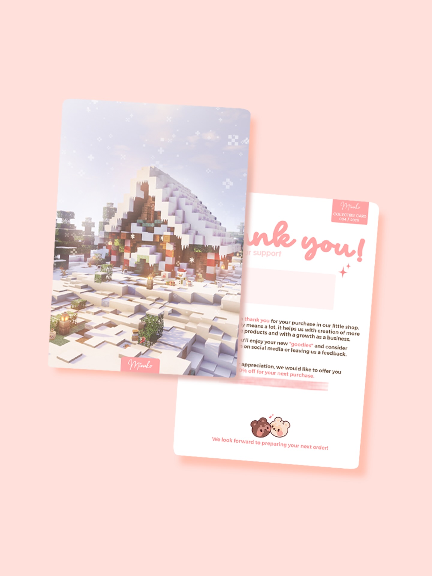 I appreciate every support and order from you, that’s why I always include thank you cards to my packages 🎀📦
For the biggest supporters we have limited edition cards that you get with a purchase over 100$. ✨
Four designs are published every year according to the season, ❄️⛄️
these winter cards will be available until 31 December. 🎄🍪