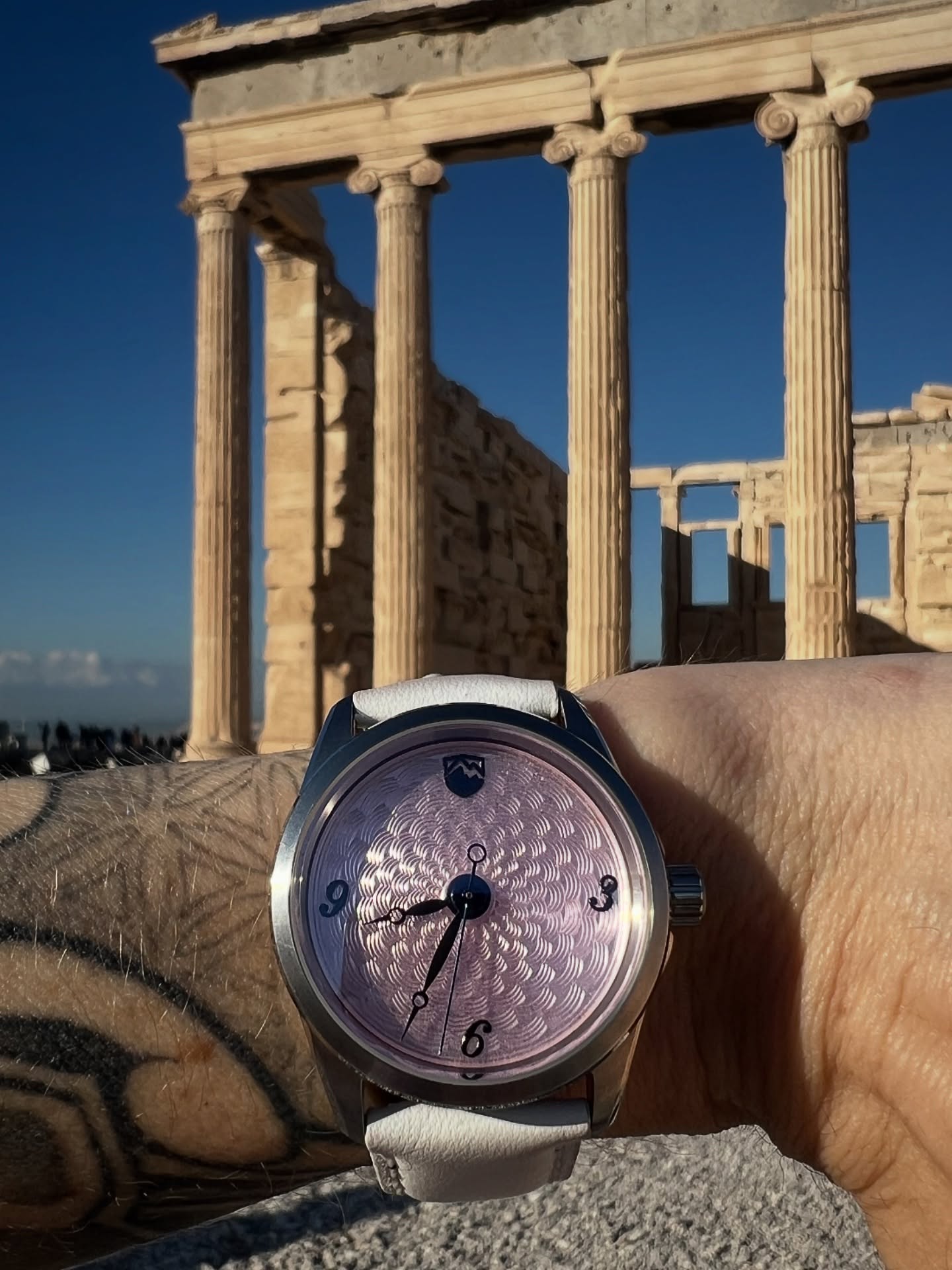 In the heart of Athens, where ancient artisans once carved marble by hand, we brought our own hand made masterpiece. This dial, finished in soft blush colored vitreous enamel and hand engraved using true guilloche on a 1914 rose engine lathe, is our tribute to a timeless craft. At 5280 Watch Company, we believe our watches, like ruins, should outlive trends. #guilloché #bassetaille #enamel #enameldial #travel #timelesselegance #5280watchcompany