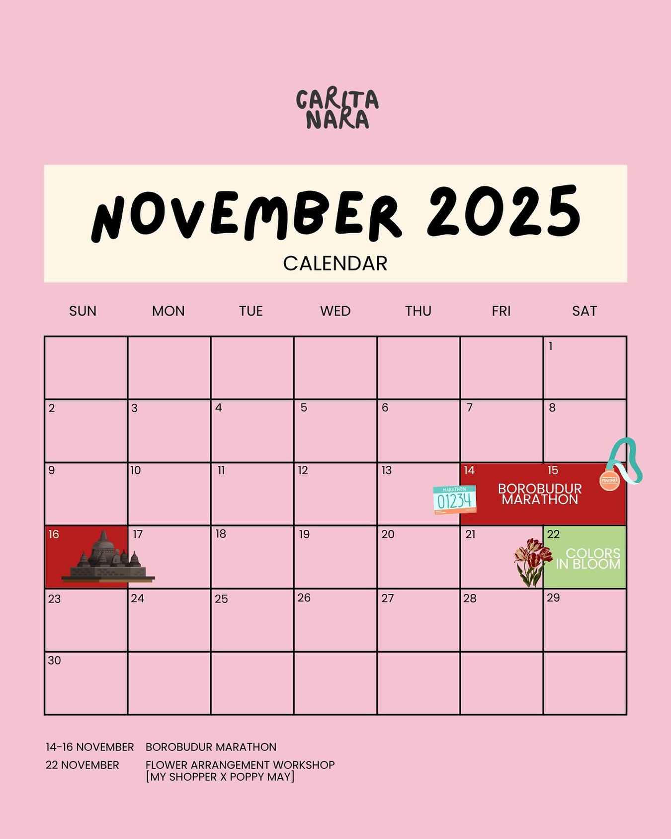 Hello November, we’re so excited to welcome you!
This month is packed with some of the most anticipated activities and events. From the iconic Borobudur Marathon to the lovely Flower Arrangement Workshop, it’s going to be the best of the best.
Plan your trip, mark your dates, and let’s make this month unforgettable together. DM us for more info!
#CaritaNara #BorobudurMarathon #FlowerArrangementWorkshop #BorobudurTrip #BleisureTravel #IndonesiaEvents #TravelWithCaritaNara #CulturalJourney #WeekendGetaway #JakartaEvent #Bormar2025 #JakartaActivity #JakartaWorkshop