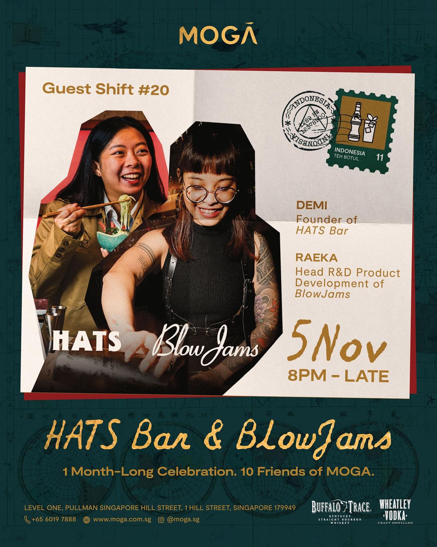 Guest Shift Alert - Wed Nov 5th 🚨 We have a crew from Jakarta coming in hot to Moga at the Pullman Hill Street. We’ve got Demi from HATS Bar and Raeka from BlowJams behind the bar from 8pm, slinging Buffalo Trace and Wheatley Vodka cocktails 🔥