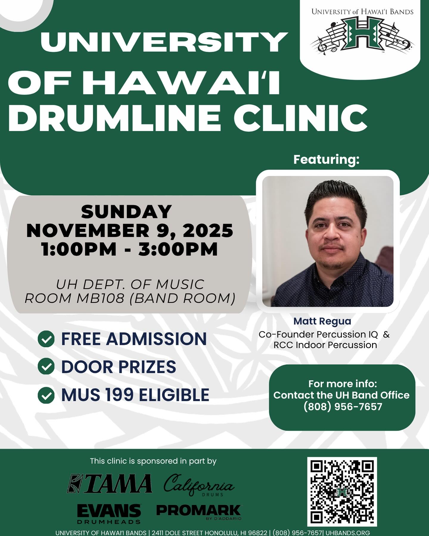 #PercussionIQ Co-Founder, Matt Regua, will be the Featured Instructor at the University of Hawaii Drumline Clinic this weekend.
Whether you’re a current student, local high school drummer, or a percussion enthusiast, this is an opportunity to explore and learn from PIQ methodologies.
If you’re in the area, check it out!
#uhdl #uhmanoa #drumsmart #iq #percussioniq #snare #quad #percussionist #wgi #dci #indoordrumline #drumline #drum #drumcorps #music #marchingarts #drummunity #marchingpercussion #marching #snaredrum #tenordrums #marchingsnare #bandsofamerica #percussioneducation