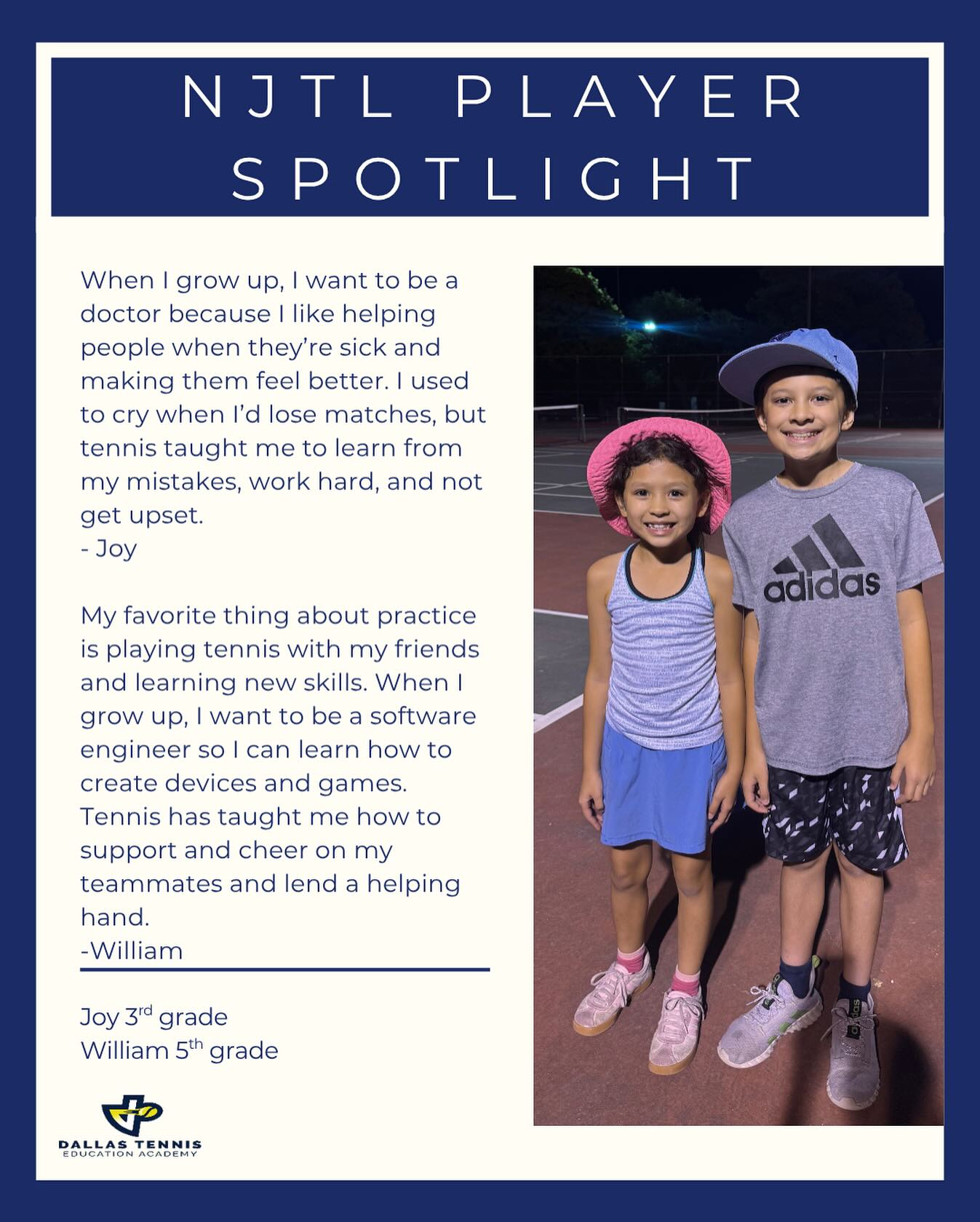 NJTL Player Spotlight: Meet Joy & William 🎾🌟
This sibling pair brings energy, kindness, and determination to every practice. They have been in our program for several years now… learning, growing, and supporting each other on and off the court. Keep up the great work! 👏
#DallasNJTL #NJTL #USTA