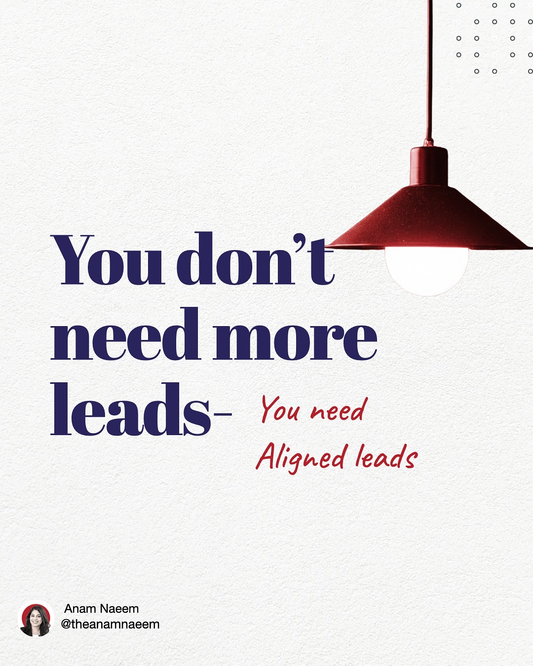 You don’t need more leads — you need aligned ones.
Here’s why 👇
❌ More leads won’t fix a misaligned message
❌ More followers won’t bring better clients
❌ More “visibility” just multiplies the wrong audience
When your messaging is clear, you:
✨ Attract people who are ready + able to work with you
✨ Book fewer but *better* calls
✨ Stop wasting time chasing unqualified leads
My free workbook walks you through the exact steps to clarify your ideal client + your message so you can start magnetizing the right people.
📥 DM me “CLIENTS” and I’ll send it straight to your inbox.
#theanamnaeem #messengers2025 #brandidentitycoach #leadsgeneration #brandmessaging