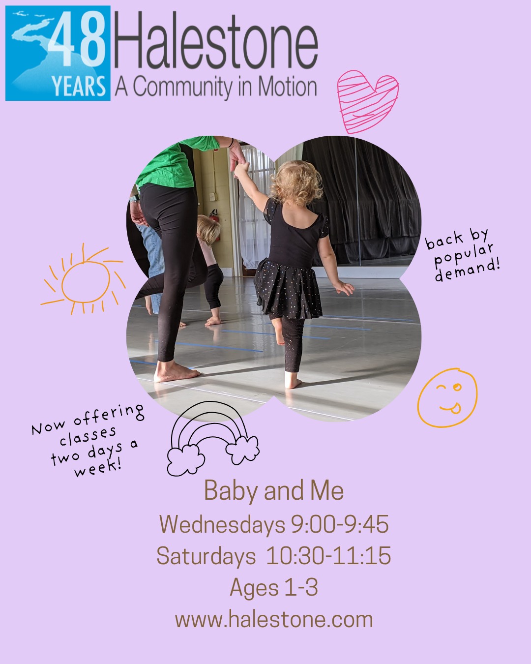 Baby and Me classes are expanding at Halestone! Now offered two days a week: Wednesdays at 9 and Saturdays at 10:30.
This class is perfect for kids ages 1-3 and their caregivers. Drop ins are welcome or pay for the Wednesday or Saturday series ahead of time. Check out www.halestone.com for additional details.
#halestonedancestudio