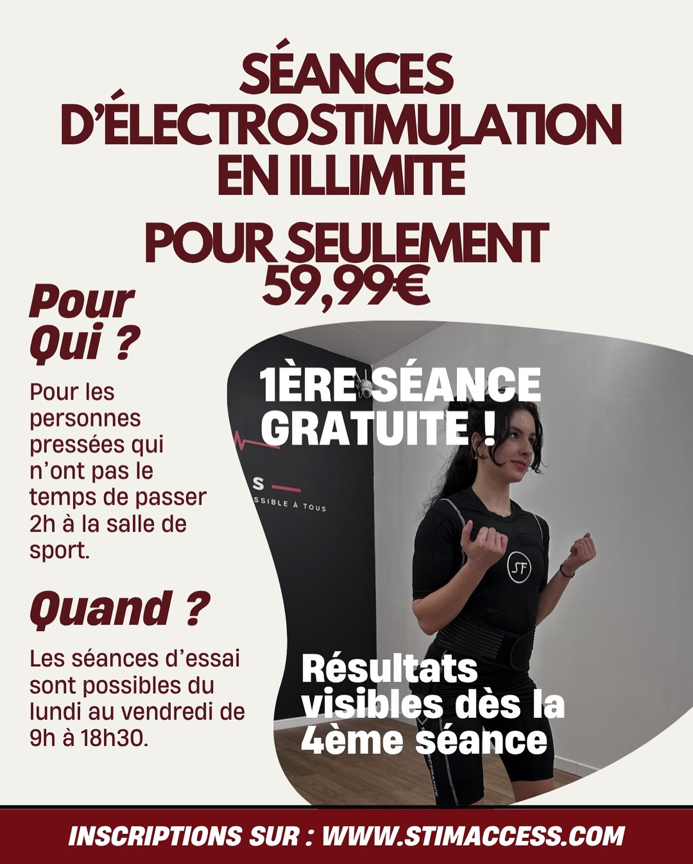 STIM ACCESS, c’est LE rendez-vous sport qu’il te faut si :
- Tu n’as pas beaucoup de temps, mais tu veux des résultats rapides ✨
- Tu es en réathlétisation après une blessure et tu veux reprendre en douceur 🤕🌱
- Tu reprends le sport après un post-partum et tu veux retrouver de la tonicité ⚡️👶
- Tu veux soulager ton dos et corriger ta posture 🤍
- Tu veux raffermir, sculpter et redessiner ton corps sans y passer 2h 🏋🏻♀️
- Et surtout … tu ne veux pas payer 150€ par mois pour seulement 2 séances ! 🥴
Chez STIM ACCESS, 20 minutes suffisent pour activer 100% de tes muscles, sans contraintes, sans coach, et à ton rythme. ✨
⚡️Réserve ta séance d’essai dès maintenant et découvre pourquoi tout le monde en parle !
www.stimaccess.com
#electrostimulation #ems #sport #pertedepoids #résultats