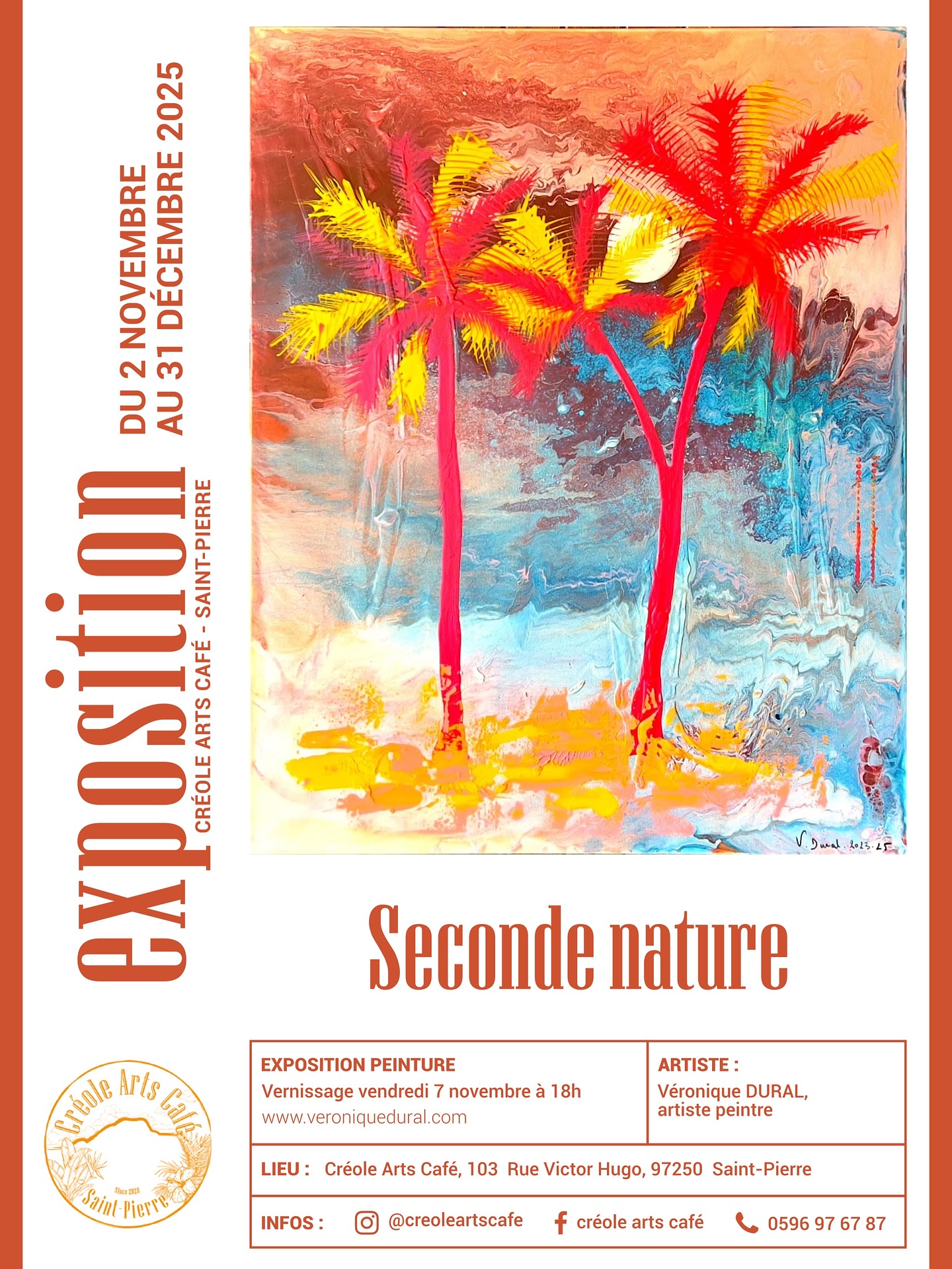 🎨Exposition « Seconde Nature »
📍Créole Arts Café /St Pierre
📆Du 2 novembre au 31 décembre
🥂VERNISSAGE Vendredi 7 novembre à 18h
Venez partager ce moment avec moi 🎉
#vernissage #expositionmartinique #creoleartscafemartinique #veroniquedural #artistepeintre #artistemartinique #peintureacrylique