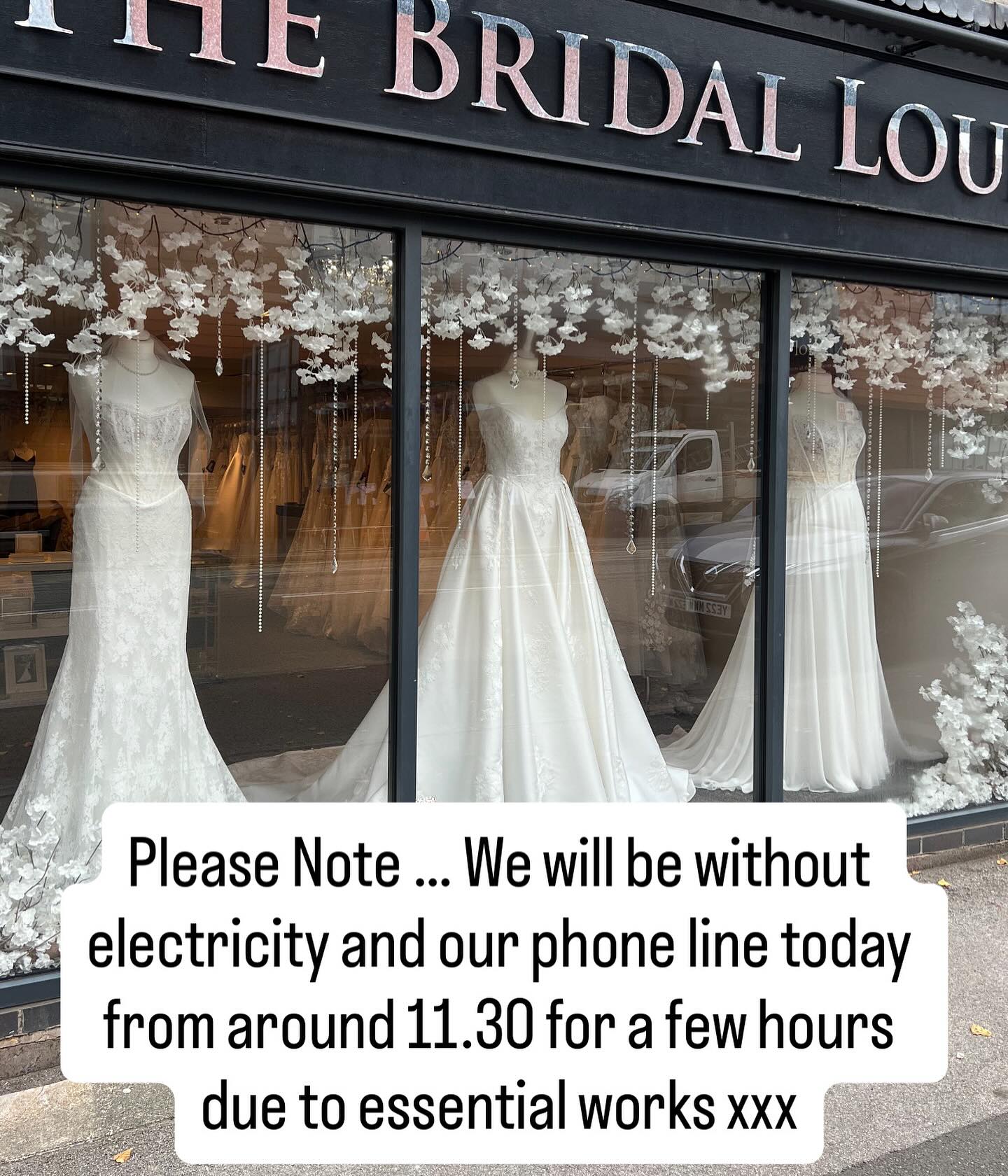 Please note that due to essential work we will be losing power today for a few hours … back soon! (Fingers crossed!) xxx
#thebridalloungenewcastleunderlyme