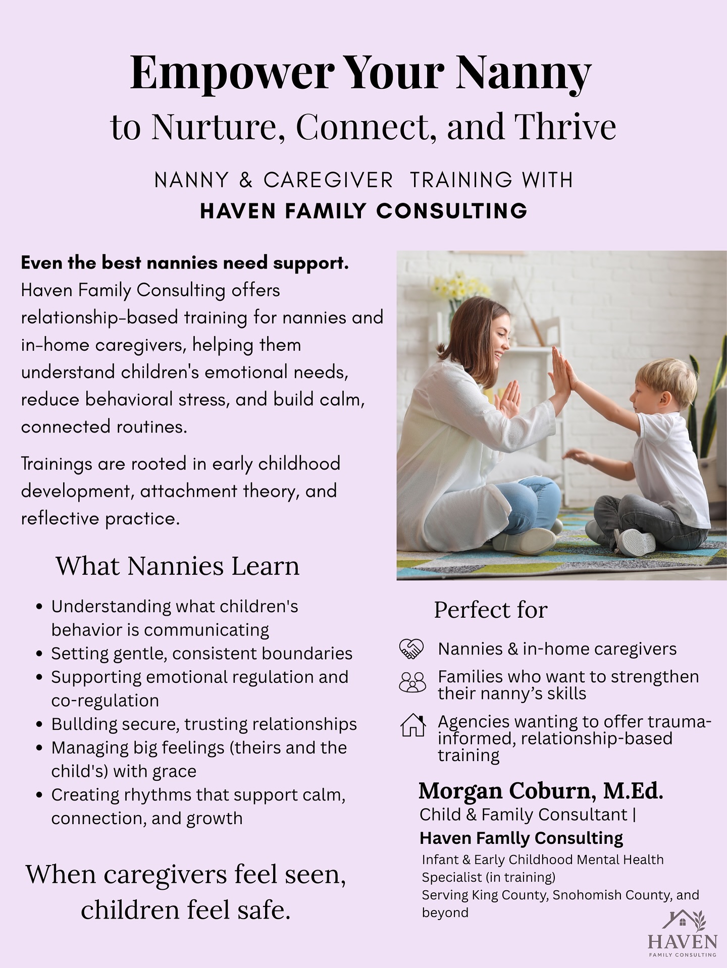 Nannies deserve real training, not just trial and error. Learn how to better understand behavior, implement routines that work, and avoid burnout.
Nanny training with Haven Family Consulting - now booking.
#havenfamilyconsulting #nannying #childbehavior #gentleparenting
