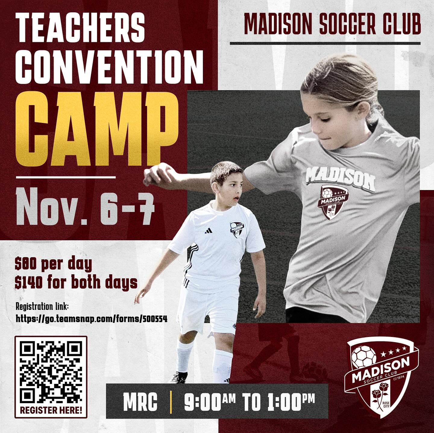 ⚽️ MSC Teacher’s Convention Camp! ⚽️
🗓️Thursday 11/6 & Friday 11/7 9am-1pm
Looking for something fun (and skill-building!) to do during Teacher’s Convention? Join us for one or both days!
Open to recreation/intermediate, travel & advanced/elite players ages 6-14.
Expect:
- Technical training and combination skills
- Game related situations
- Fun competitions
- Scrimmages everyday
Sign up now through the link in bio!