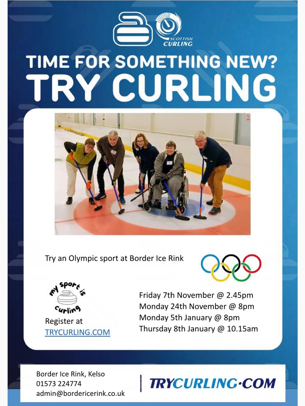 🏅 Try an Olympic Sport at Border Ice Rink, Kelso! 🥌
Ever wanted to give curling a go? Now’s your chance!
Try Curling sessions are available on the following dates:
📅 Fri 7th Nov – 2:45pm
📅 Mon 24th Nov – 8:00pm
📅 Mon 5th Jan – 8:00pm
📅 Thurs 8th Jan – 10:15am
No experience needed – just come along and have fun learning this exciting Olympic sport!
👉 Register and book your spot online at TryCurling.com
#curling #scottishcurling #trycurling #icerink #bordericerink