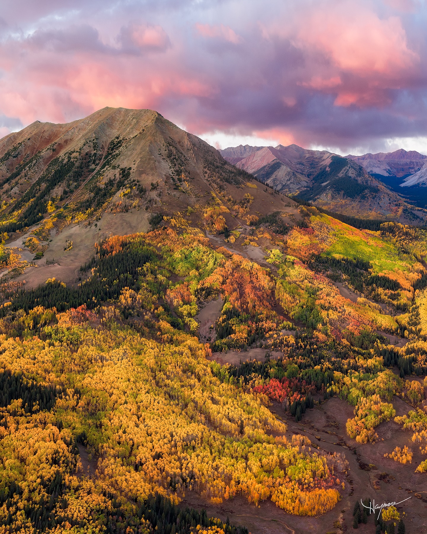 Four days with back to back sunrises/sunsets made it a little challenging to photograph.
How could amazing skies be challenging? I found the vibrancy of warm colors in the Aspen groves competed with the cool tones of the clouds. Although beautiful to see, it didn’t quite translate in camera.
My solution was to crop and exclude a lot of the brilliant skies raising high above the mountains and then desaturating slightly in post processing.