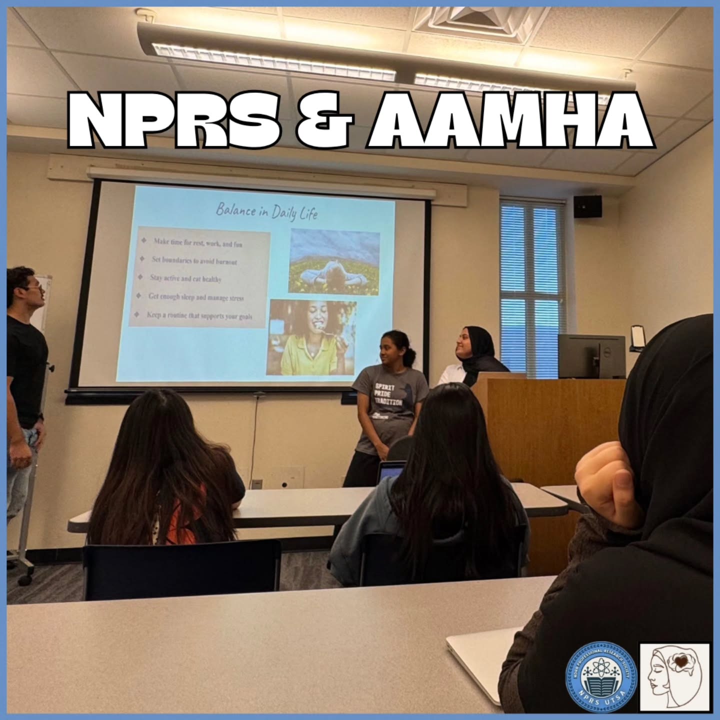 This past Wednesday, members of University of Texas San Antonio's Professional Research Society (@nprsutsa) and a board member from the Arab American Mental Health Association (@arabamericanmha) conducted a joint presentation on mental health at NPRS's Halloween Social! Their presentation focused on positive mental health habits for maintaining a balanced life and cultural competence.
We are grateful to the President of NPRS and board member of AAMHA, Fatimah Majeed, for presening and allowing this collaboration to take place, and we're also thankful to NPRS's members Deva, David, and Sam for doing a fantastic job presenting!
We look forward to future collaborations and opportunities in the future!
#aamha #arabamericanmentalhealth #mentalhealthmatters #endthestigma #arabs #psychology #mentalhealth #culture #culturalcompetence #presentation #universityoftexas #universityoftexassanantonio