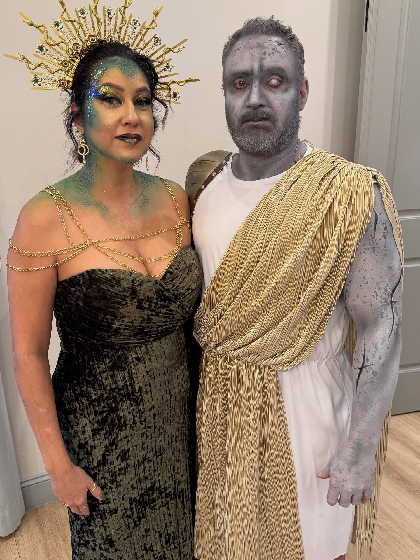 3 makeups in 3.5 hours for these fun clients! I hope they are the talk of the party!!
Medusa, a statue and a zombie!