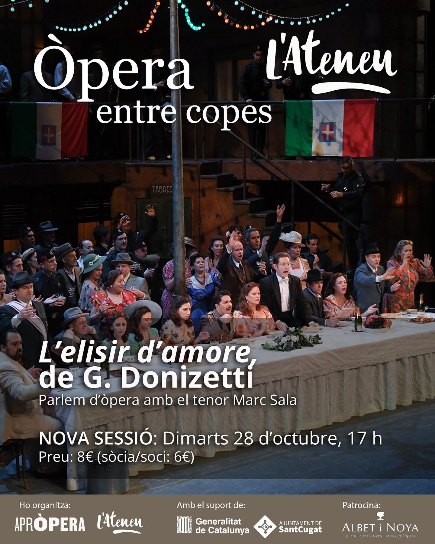 Obrim segona sessió!! 🎉
Òpera entre copes: L’elisir d’amore, de G. Donizetti
🗓️ Dimarts 28 d’octubre · 17 h
📍 Sala d’actes de l’Ateneu Santcugatenc
A càrrec del tenor @marcsalatenor, de l’associació @aproperainsta
A finals d’octubre el cicle Òpera entre copes, organitzat per l’Ateneu Santcugatenc i AprÒpera, ens porta una nova sessió dedicada a una de les grans obres mestres del gènere buffo: L’elisir d’amore, de Gaetano Donizetti, que es representarà al Gran Teatre del Liceu del 22 de novembre al 15 de desembre.
El tenor Marc Sala ens guiarà per aquesta òpera plena d’enginy, humor i sensibilitat. Una història que juga amb el mite de les pocions d’amor per oferir-nos una mirada intel·ligent i sorprenent sobre els mecanismes de l’amor i la ingenuïtat humana.
🍷 En aquesta sessió, no podrem oferir la tradicional copa de vi, però sí tota la passió per l’òpera i la conversa compartida que caracteritza aquest cicle.
T’hi esperem!
(enllaç al link de la bio de @ateneustc )