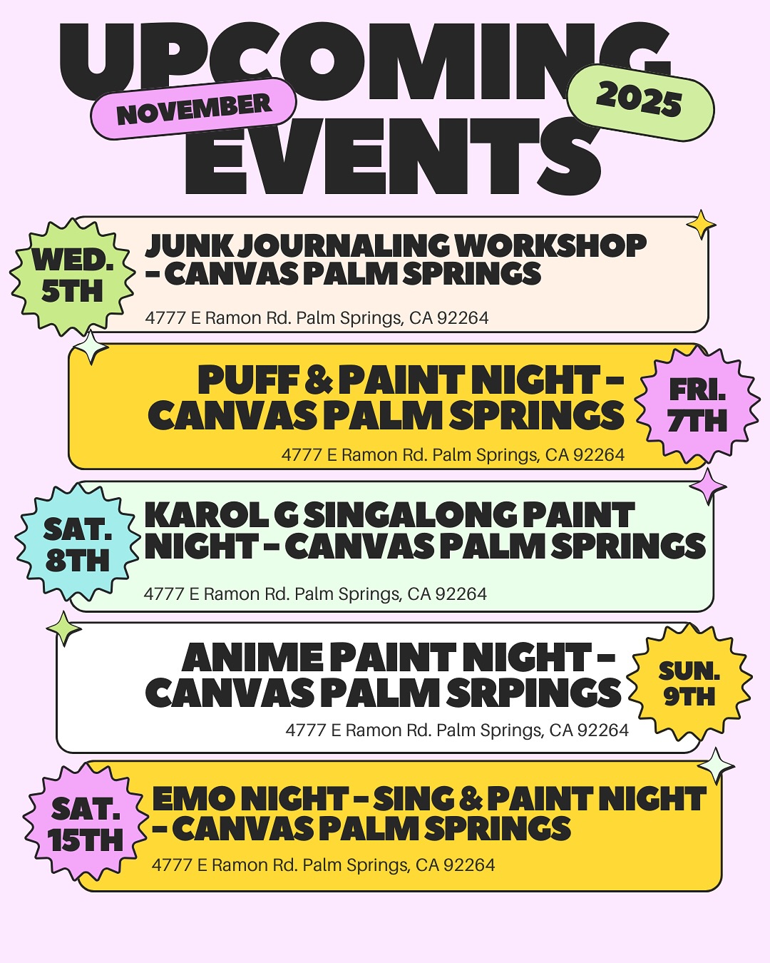 NOVEMBER LINEUP IS HERE! 🎨✨
From Anime, to Karol G singalongs, Junk Journaling, and Disney Christmas magic; we’ve got a full month of creativity waiting for you at @thecanvas.ps🎨✨
Whether you’re here to paint, puff, sing, or vision-board your dreams into reality, this month is packed with safe spaces, good vibes, and endless color! 🫶🏼✨
📍4777 E Ramon Rd, Palm Springs CA
🎟️ Grab your tickets before they sell out at Itslunavisuals.com
📅 Tag your art bestie! which one are you coming to? 🥹
#CanvasPalmSprings #ItsLunaVisuals #PalmSpringsEvents #DesertCreatives #PaintNight #ArtTherapy #CreativeCommunity #CoachellaValleyEvents #PuffAndPaint #JunkJournaling #SingAlongPaintNight
