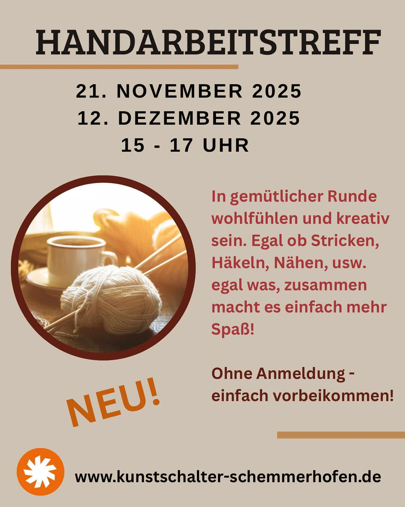 HANDARBEITSTREFF - Unsere neue Reihe ab November
Bringt eure Projekte mit und arbeitet in entspannter Atmosphäre daran weiter.
Egal ob Stricken, Häkeln, Nähen oder etwas anderes. Alles ist erlaubt und erwünscht.
Nutzt den Nachmittag für nette Gespräche und gemütlichem Beisammensein.
Wir freuen uns auf euch!
Wer ist dabei?
#kunstschalterschemmerberg #schemmerhofen