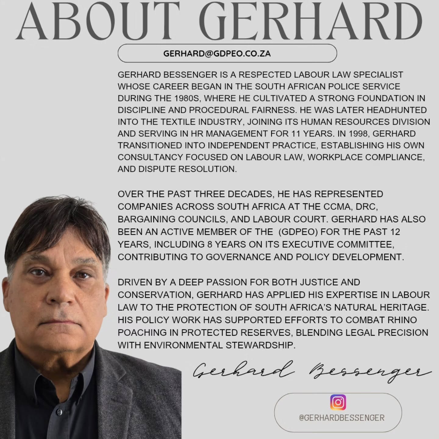 Meet our Chairman — Gerhard Bessenger.
With more than 30 years of experience in labour law and human resource management, Gerhard has dedicated his career to fairness, compliance, and good governance.
Beyond the boardroom, he brings that same dedication to protecting South Africa’s wildlife — applying his legal expertise to conservation and anti–poaching initiatives.
A true leader with purpose.
#GDPEO #Leadership #Governance #Conservation #LabourLaw #HumanResources #WorkplaceExcellence #LegalExpert #SouthAfrica #Chairman #CorporateLeadership #Sustainability #WildlifeConservation #AntiPoaching #EnvironmentalStewardship #EthicalLeadership #Justice #HRLeadership #CorporateGovernance #SocialImpact #LabourRelations