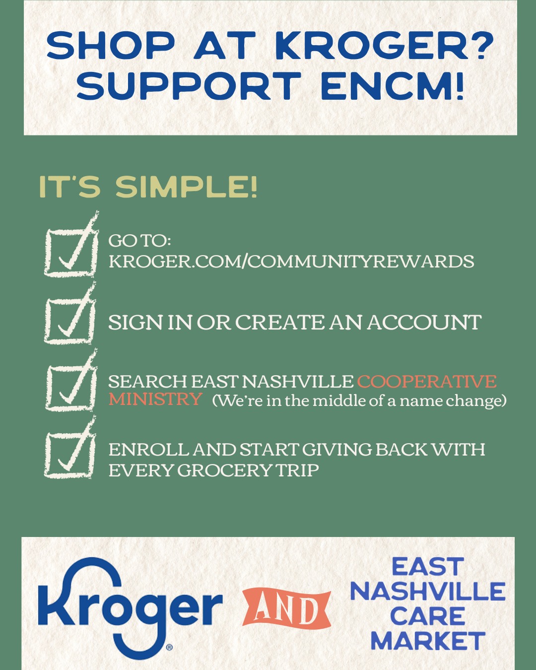 Add ENCM to your Kroger account! Every time you swipe your Kroger Plus Card, a portion of your purchase - at no cost to you - goes right back into feeding and caring for our East Nashville neighbors. Sign up today!