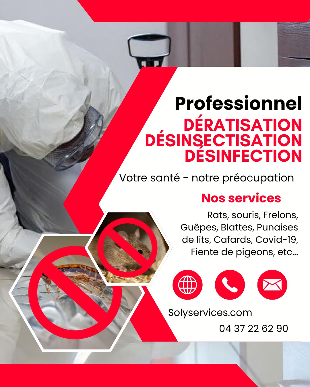 🚨 Nuisibles ? Intervention rapide en 24h à 48h, 7j/7 !
Ne laissez pas rats, souris, cafards ou punaises de lit envahir votre logement ou votre entreprise - Solyservices intervient rapidement pour une élimination durable.
Nos services :
🐀 Dératisation - Rats et souris
🪳 Désinsectisation - Cafards, punaises de lit, guêpes, fourmis, mites…
🧼 Désinfection - Bureaux, restaurants, logements, après sinistre ou syndrome de Diogène
Zones d’intervention : Rhône, Ain, Isère, Haute-Loire, Mâcon et Saint-Étienne
Pourquoi nous choisir ?
✅ Équipe certifiée et expérimentée
✅ Produits professionnels et respectueux de l’environnement
✅ Devis gratuit et conseils personnalisés
✅ Suivi garanti après intervention
📞 Contactez-nous dès maintenant :
Téléphone : 04 37 22 62 90
Site web : www.solyservices.fr
Protégez votre espace avant qu’il ne soit trop tard !
#Solyservices #Dératisation #Désinsectisation #Désinfection #AntiNuisibles #Rhône #Ain #Isère #SaintÉtienne #Mâcon #InterventionRapide