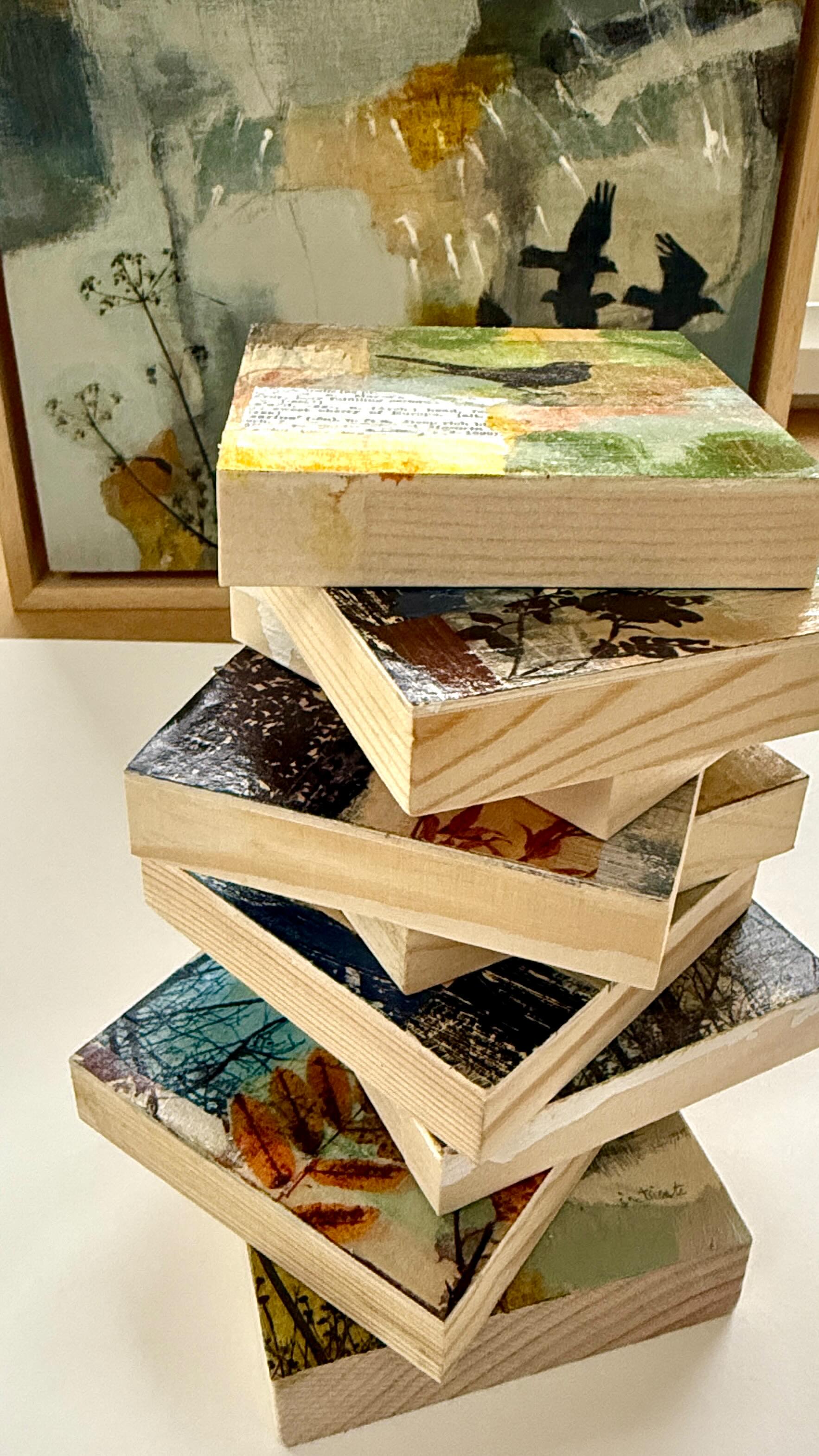 We’re piling up tiny treasures…
Can you guess what we’re getting ready for?
@jackie.cheetham and I have been working hard to create something very special alongside our larger mixed media paintings.
We’ve been working small and precious — creating one-off paintings on beautiful wooden blocks.
Each one feels like a little treasure, stacked up and waiting to find its home.
There’s something so lovely about painting and collaging on wood — the texture, the warmth — and we’ve even carried that same process into our ever-popular Wearable Art brooches. Each one is made just like an original painting — tiny, unique, and full of character.
Expect birds, botanicals, landscapes, geometrics all in minature format… a whole world of colour and choice — truly something for everyone and prices starting at £20 for the Wearable Art brooches makes present giving easy. ( Just saying😉!)
So make a note in your diary. It’s the 6th/7th December with a late night opening on 5th December. This will be a very special @northantsrutlandos event at Lyddington Church in Rutland UK so guaranteed to be fab!
I haven’t said the festive event name yet as it’s still quite early … but I think you all know what it is !