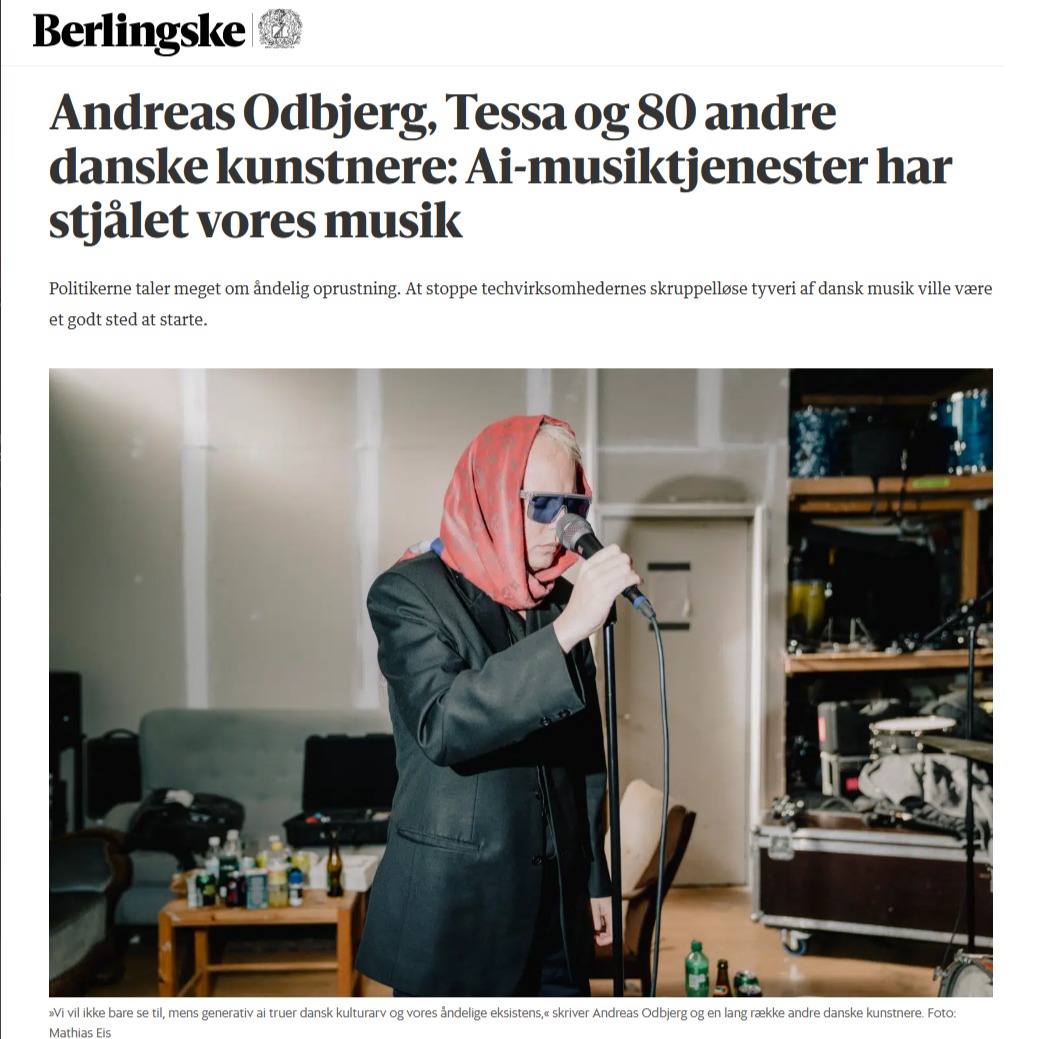 The biggest art theft in history.
@berlingske has just published an essay signed by me and more than 80 other Danish musical artists/performers, calling on politicians to take real action on AI regulation.
Right now, AI models are being trained on artists’ work without permission.
Our creativity and labour are being used, without consent or compensation.
AND! Here's the major positive news of today:
@koda_dk , the Danish equivalent of PRS/ASCAP, has officially announced their lawsuit against SUNO for using Danish artists’ work without permission.
That's big! I hope this becomes an inspiration for our own lawmakers, and for lawmakers around the world, to finally take action and make positive AI regulation ---- to make it fair.
Until then, I’ll call it what it is: The biggest art theft in history.
-Bigger than any heist at the Louvre.
Article in Danish.