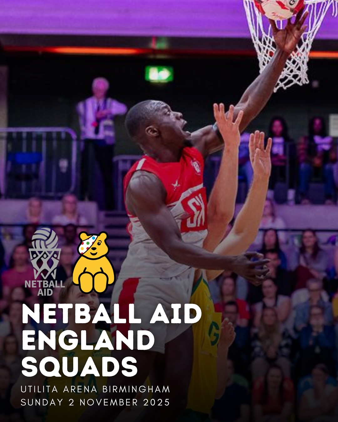 𝗡𝗲𝘁𝗯𝗮𝗹𝗹 𝗔𝗶𝗱 𝗘𝗻𝗴𝗹𝗮𝗻𝗱 𝗦𝗾𝘂𝗮𝗱𝘀 𝗔𝗻𝗻𝗼𝘂𝗻𝗰𝗲𝗺𝗲𝗻𝘁
We’re really excited to be part of this year’s @netballaid event in aid of BBC Children in Need, taking place at Utilita Arena, Birmingham, on Sunday 2 November.
It’s a double header with the celebrity game and a truly unique opportunity to see England players from both our Thorns and Trailblazers squads go head-to-head in an England v England showdown — something never done before!
England Red will be coached by Sharron Lewis-Burke and Nigel Skyers, while England White will be led by Wes Blair and Lyn Hadley.
🎟️ Get your tickets now via the Netball Aid website!
#EnglandMen #EnglandNetballAid #BBCChildrenInNeed #EnglandThorns #EnglandTrailblazers #MensNetball #MixedNetball #NetballAid2025 #UtilitaArena