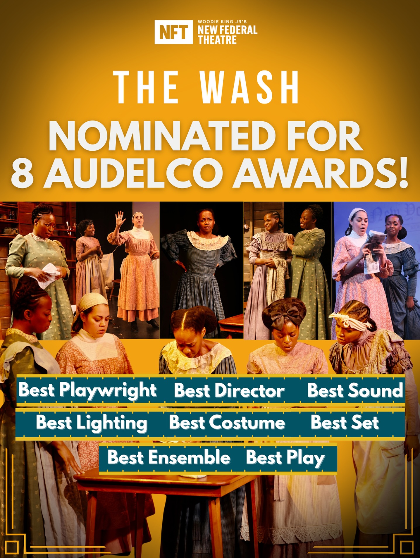 We are beyond elated to announce that THE WASH has been nominated for a whopping 8 Audelco Awards! Thank you to the Audelco Nominating Committee, and a buoyant congratulations to the the cast, creative team, and crew of THE WASH!
BEST PLAY
Best Playwright - Kelundra Smith
Best Director - Awoye Timpo
Best Lighting - Victor En Yu Tan
Best Set - Jason Ardizzone-West
Best Costume - Gail Cooper Hecht
Best Sound - Bill Toles
OUTSTANDING ENSEMBLE
Rebecca Haden
Bianca LaVerne Jones
Magaret Odette
Alicia Pilgrim
Kerry Warren
Eunice Woods