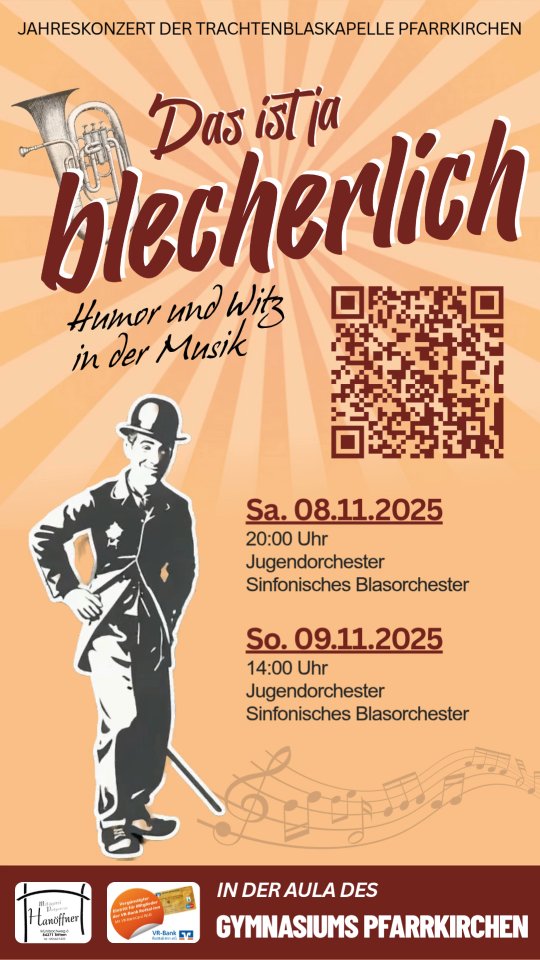 Unter dem Motto „Das ist ja blecherlich“ laden wir ein zum diesjährigen Jahreskonzert. Ganz im Stil der 1920er Jahre dreht sich an diesem Abend alles um Humor, Witz und den unverwechselbaren Charme von Charly Chaplin.
Die Musikerinnen und Musiker des Jugendorchesters sowie des sinfonischen Blasorchesters präsentieren ein abwechslungsreiches Programm mit vielen musikalischen Überraschungen.