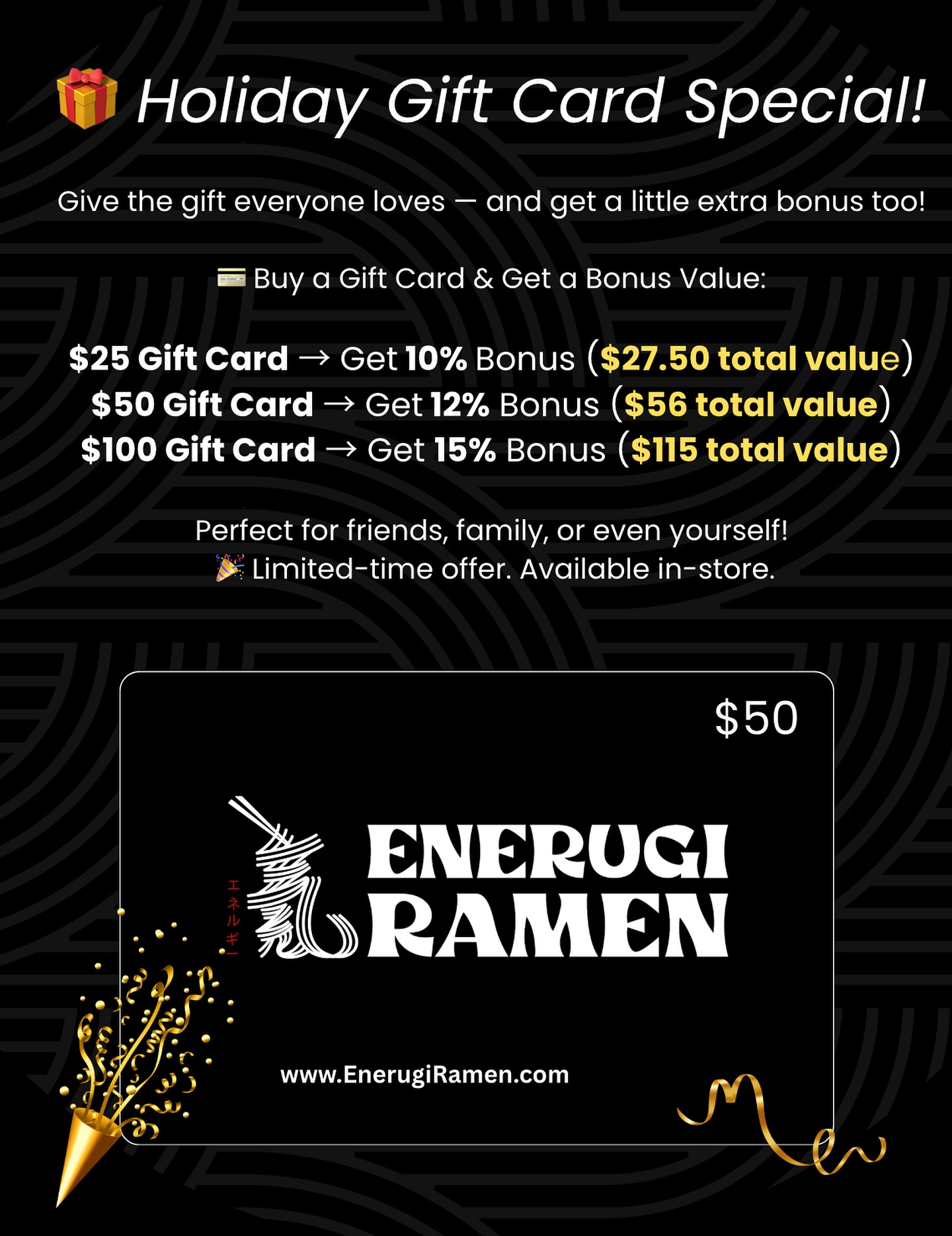 Get ready! We're launching our gift card program at our Greenpoint location. Purchase now and redeem more Ramen Specials! @EnerugiRamen @Discount @Ramenlovers @Giftcards