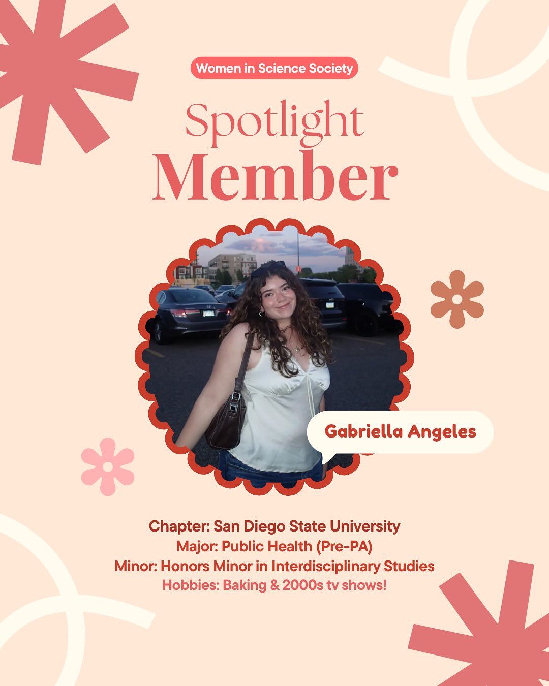 We’re kicking off our new ✨Member Spotlight✨ series with an inspiring leader from our San Diego State University chapter – Gabriella Angeles!
Gabriella is a pre-PA student making waves in the STEM community, and we invite you to learn more about her passions, impact, and career goals. Swipe to get to know Gabriella & visit our website for her full feature and more spotlights coming soon!
Follow @wss.sdsu to keep up with Gabriella and the rest of our chapter at SDSU 👩🔬🫶🏽