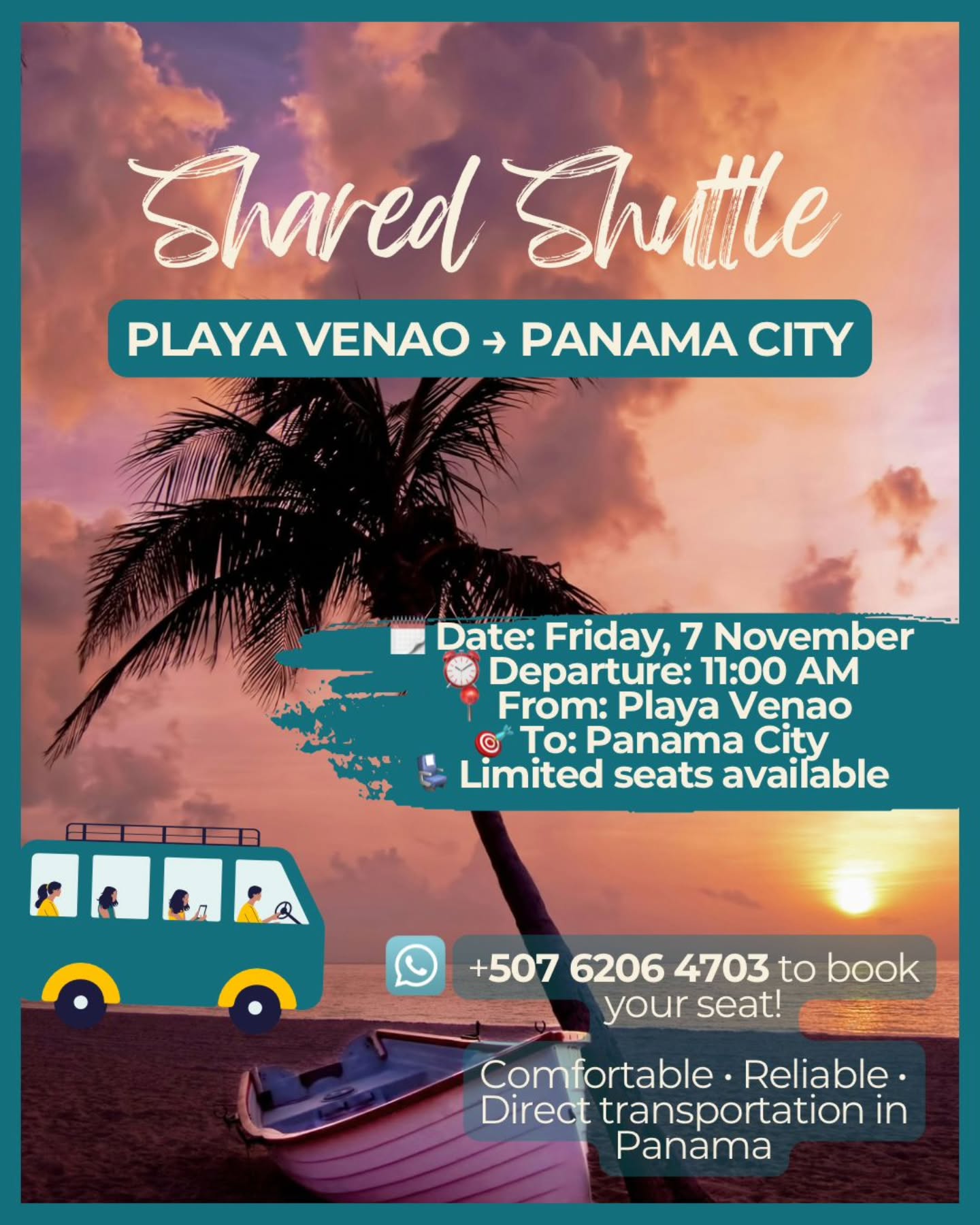 🚐 Shared Shuttle: Playa Venao → Panama City
Heading to the city? Join our shared shuttle this Friday, November 7 at 11:00 AM!
✅ Comfortable vans with A/C
✅ Direct route — no unnecessary stops
✅ Friendly, reliable and English speaking driver
📩 DM us or WhatsApp +507 6206 4703 to book your seat!
We also offer private transfers and shuttles to Santa Catalina, Boquete, El Valle de Anton, Cambutal & Bocas del Toro 🌴
#PlayaVenao #PanamaCity #PanamaTransportation #ShuttlePanama #TravelPanama #PanamaShuttle #VisitPanama #PlayaVenaoToPanamaCity #PanamaTransfers #PanamaTravel #PrivateTransferPanama #ExplorePanama #BackpackPanama #SurfersParadisePanama #DigitalNomadsPanama