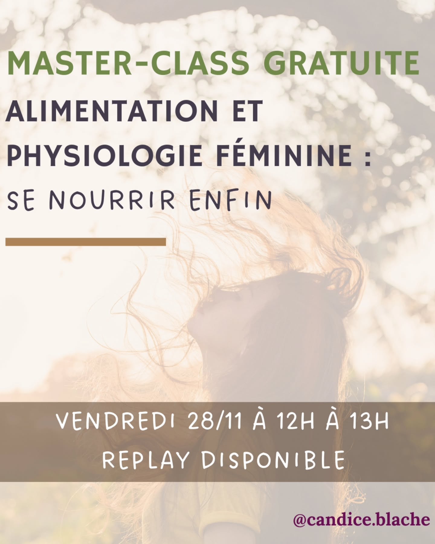 ⬇️ MASTER CLASS GRATUITE ⬇️
..
🚀 OUIIII une Master Class pour TOI 🩷
..
🚀 Ouverte a toutes, menstruées ou non, ayant un dérèglement type sopk, endo, péri ménopausées..
..
🚀 Pendant 1h, je te partage conseils, vision et astuces pour une physiologie féminine soutenue, un cycle harmonieux, la possibilité de reprendre le pouvoir. On parlera principalement alimentation dans cette 1ere édition 💥
..
🚀 C'est le vendredi 28 NOVEMBRE de 12h à 13h mais BONNE NOUVELLE, il y aura un REPLAY💥dispo 7 jours si tu ne peux pas être là en live.
..
🚀 inscription en bio / story 🌞 trop hâte de vous retrouver 🫂
..
Je suis Candice, Naturopathe et Doula.
Je t'aide à retrouver la santé (et celle de tes enfants) pour incarner pleinement ta vie de femme 🌿
Pour rappel : prise de rdv possible (voir bio) pour t'accompagner sur ce chemin 💪
..
#masterclass #naturopathie #cycleféminin #webinaire #gratuit #sopk #endometriose #périménopause #règlesdouloureuses #nutrition #alimentation #bienmanger