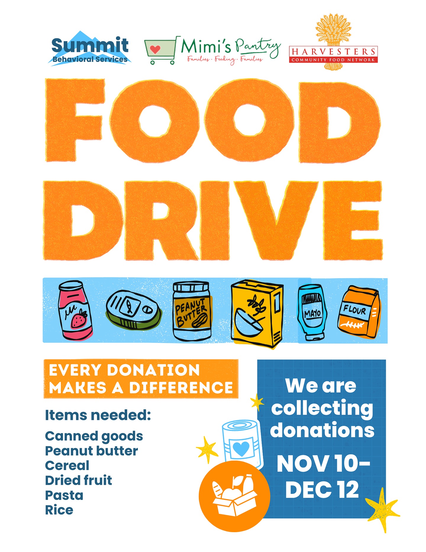 Join us in giving back! 💛
Starting Monday, November 10th, Summit is kicking off a food drive to support families across our community. Donations will benefit Mimi’s Pantry, a “market‑style” pantry serving the Northland that provides families with food and enrichment programs, and Harvesters, a regional food bank fighting hunger and delivering meals to thousands of neighbors each week.
We’re inviting our Summit community—staff, families, and friends—to come together and make a difference. Every donation counts and helps put healthy meals on someone’s table!
-Donation areas will be set up at all Summit campuses
-Collecting from November 10th through December 12th
#summitbehavioralservices #kansascity #autismsupport #aba #abatherapykansascity #abatherapy
#appliedbehavioranalysis #behavioralsupport #behavior
