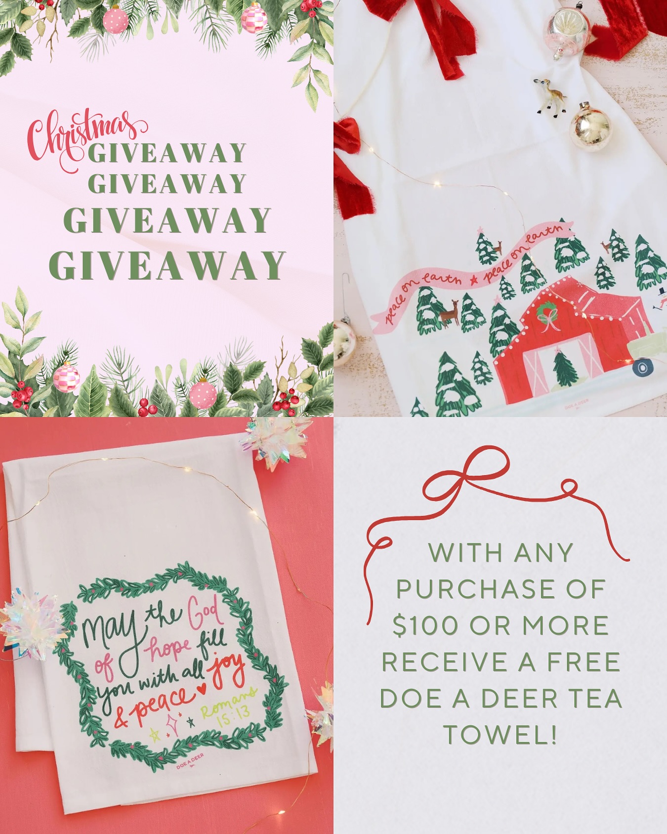 One day giveaway alert!! On November 1st only, spend $100 during our Christmas Open House and get a FREE towel of your choice!!