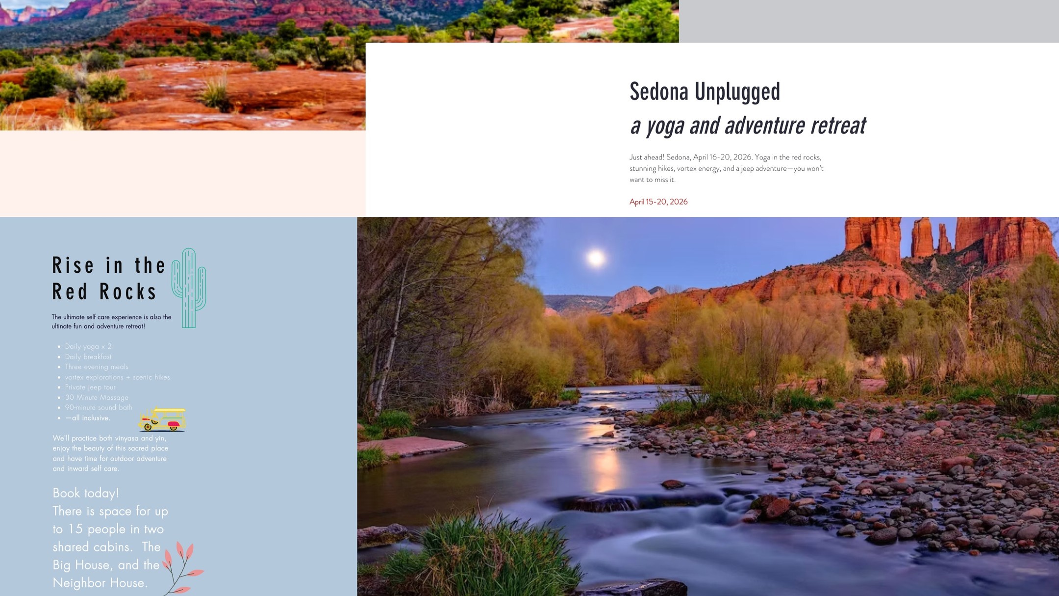 Our red rocks adventure is a go for April 16-20, 2026! Just two rooms left, so secure your spot today! โ
Get ready for an unforgettable journey of yoga, adventure, and connection in one of the most breathtaking landscapes on earth. Picture this: yoga among the red rocks, energizing hikes, vortex energy, and a touch of desert magic.
๐ Your Retreat Includes, in addition to your stay:
๐งโโ๏ธ Daily Yoga x 2 โ energizing vinyasa and deeply restorative yin practices
๐ณ Daily Breakfast and Three Evening Meals โ nourishing, locally inspired cuisine
๐ฟ Vortex Explorations + Scenic Hikes โ guided journeys through Sedonaโs sacred sites
๐ Private Jeep Tour โ an exhilarating red rock adventure
๐โโ๏ธ 30-Minute Massage โ unwind, relax, and reset
๐ถ 90-Minute Sound Bath โ meditative and deeply healing
Link in bio...let's gooo!