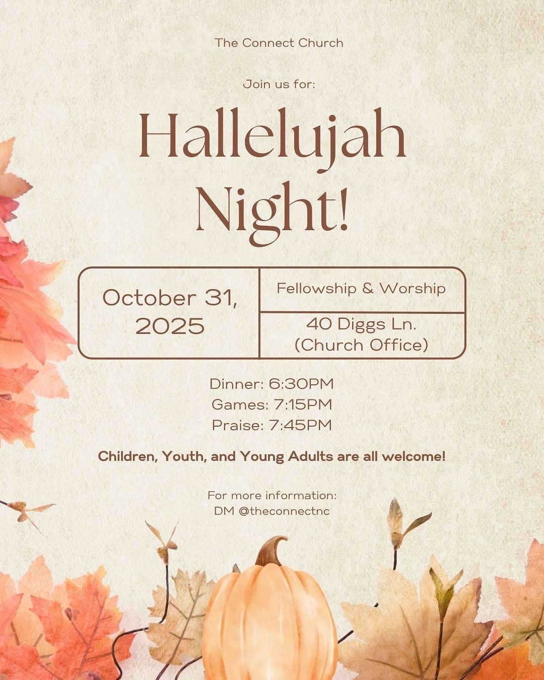 Hallelujah Night 🎃🍁🎶
Join us for a night of fellowship & worship with TCC EM! 🙌
(Please note the updated schedule below)
📅 Friday, Oct 31
🍽 Dinner @ 6:30PM
🎯 Games & activities @ 7:15PM
🎶 Praise & worship @ 7:45PM
📍 40 Diggs Ln, Chapel Hill, NC 27517 (Church Office)
DM @theconnectnc with any questions/more info
‼️If you plan on attending, please fill out the sign-up sheet (linked in bio) so we can get a head count for food‼️
🎧 10/31 Hallelujah Night Playlist is now LIVE: check our bio for the spotify link 🎧