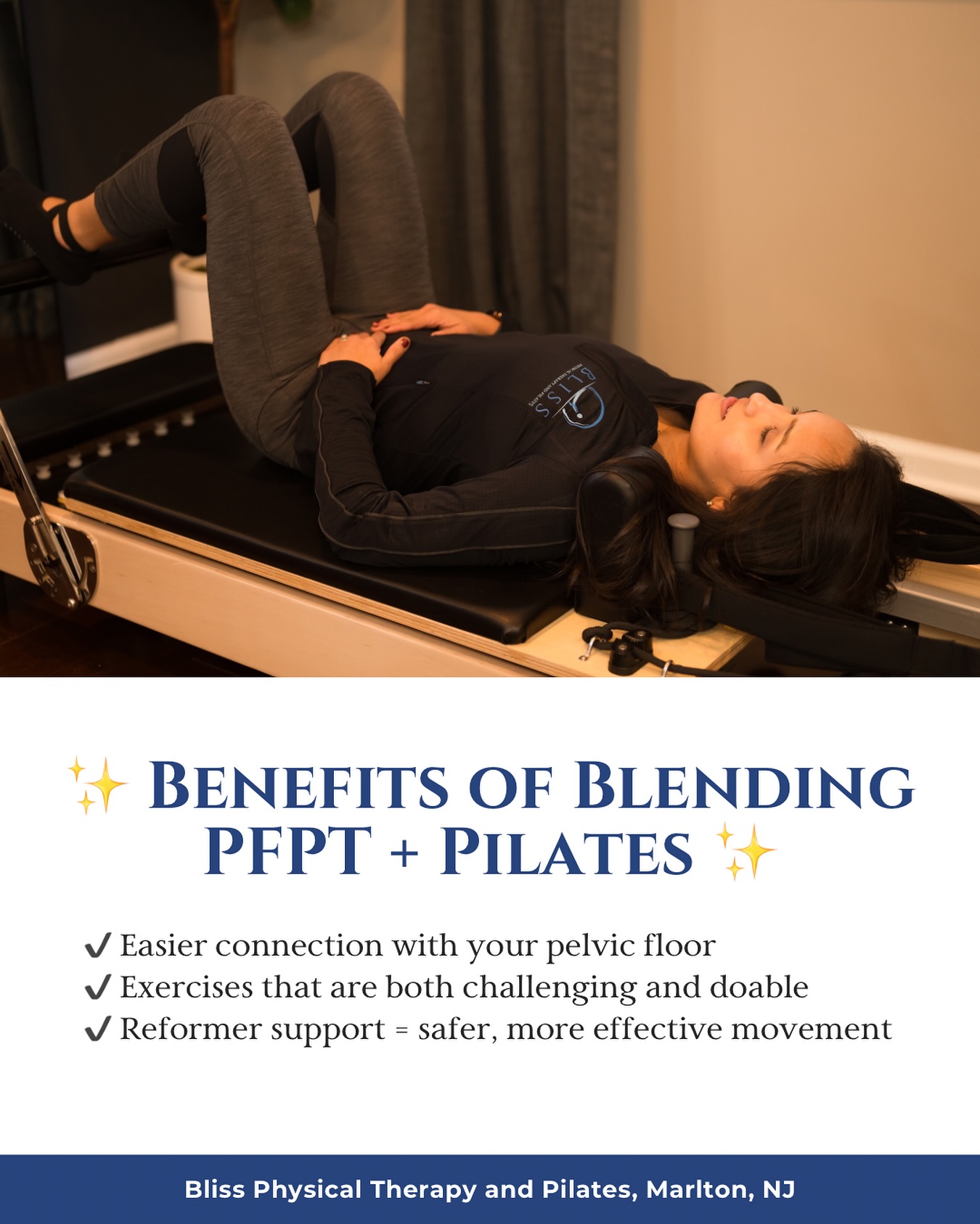 PT identifies what’s not working right. Pilates helps retrain your body to move with strength and control.
At Bliss, we don’t separate the two. 💛
Your session might include:
🔸 Manual therapy to release tension
🔸 Targeted Pilates movements to rebuild stability
🔸 Mindful cues to reconnect you with your body
This is how we create results that last — not just quick fixes.
💛 Experience the Bliss difference.
#BlissMethod #PTMeetsPilates #FunctionalStrengthForMoms #PelvicHealth #PilatesForMoms