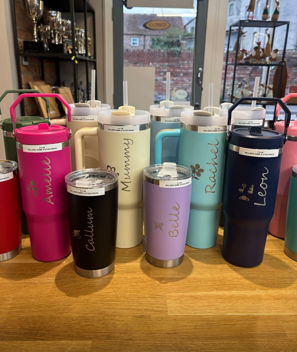 We now have a range of thermos cups and bottles in stock, available in a range of colours and designs.
Each one comes with free personalisation (name and stock image), prices start from £13.